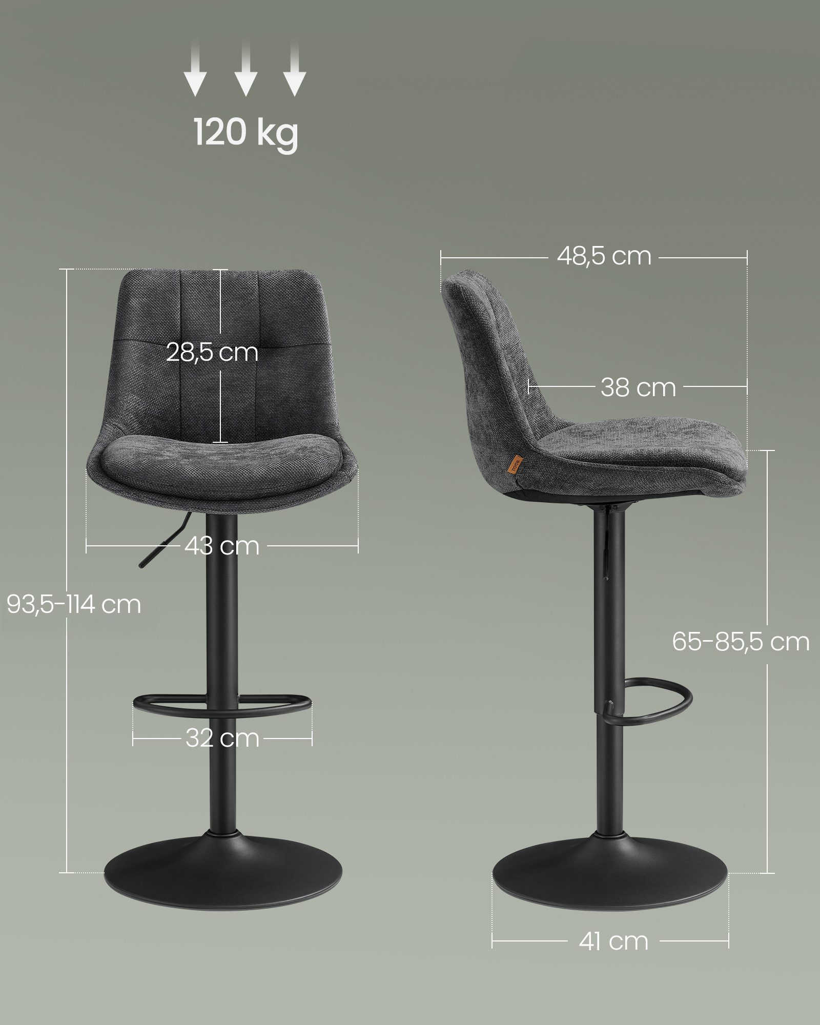 VASAGLE Barhocker Barstühle (Set, 2 St), höhenverstellbar, drehbar, Flanell