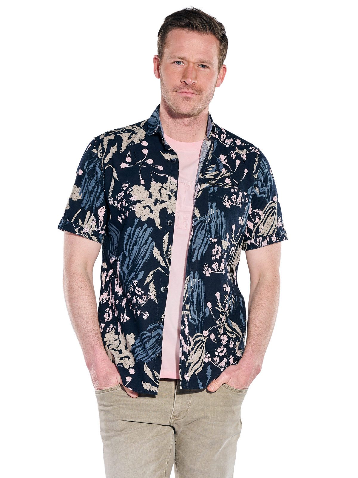 Kurzarmhemd Herren Kurzarmhemd mit floralem Muster, Saphirblau