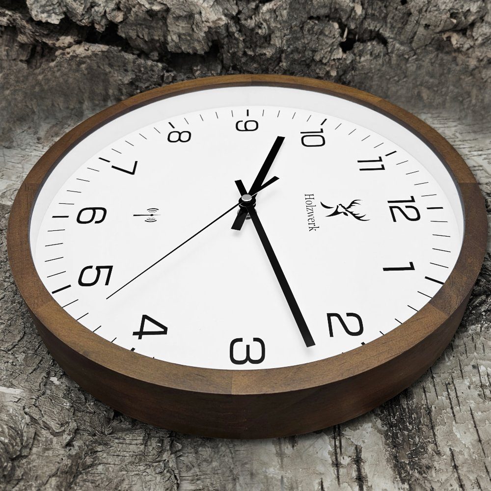 Holzwerk Funkwanduhr Designer Loft Funk Holz Wand Uhr, braun, beige, weiß (Nahezu lautloses Uhrwerk, analog, 30 cm)