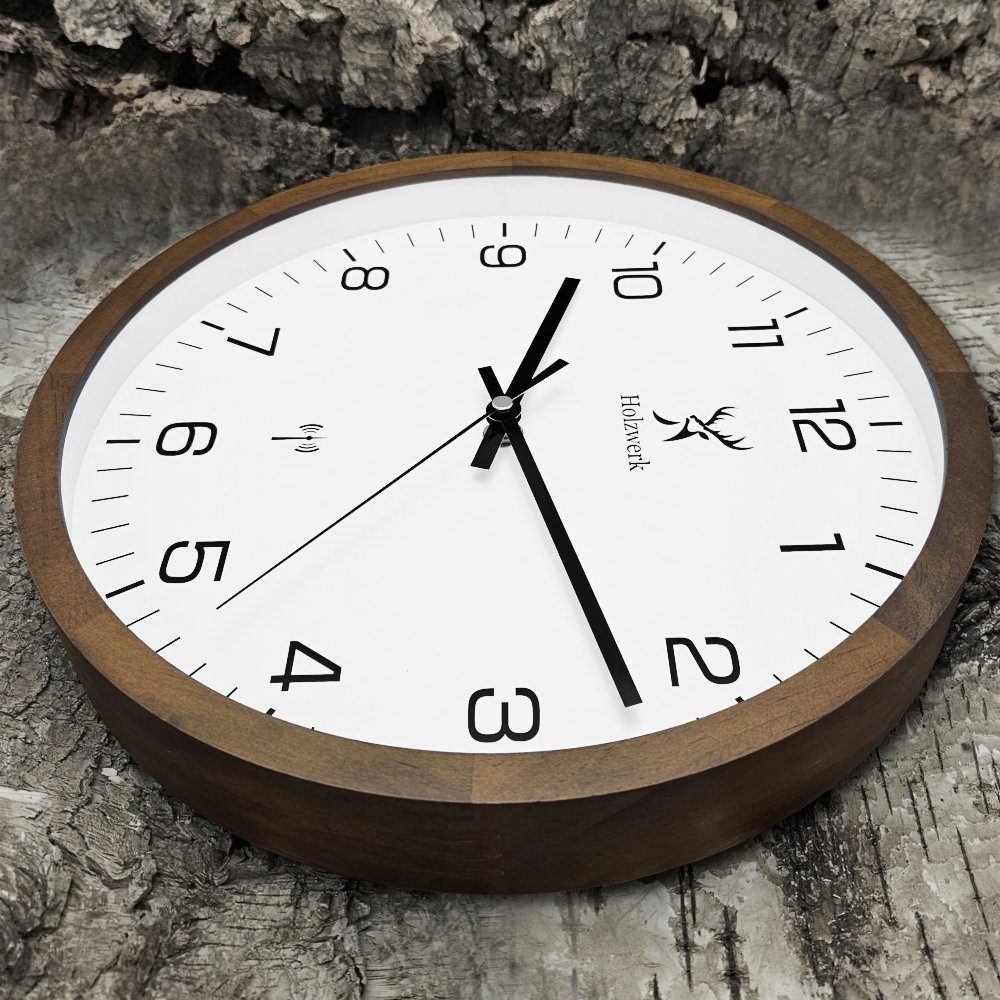 30 (lautlos braun, Holz Holzwerk Uhr, FELSBERG cm) Designer ohne Tickgeräusche, Funkwanduhr Funk weiß Wand