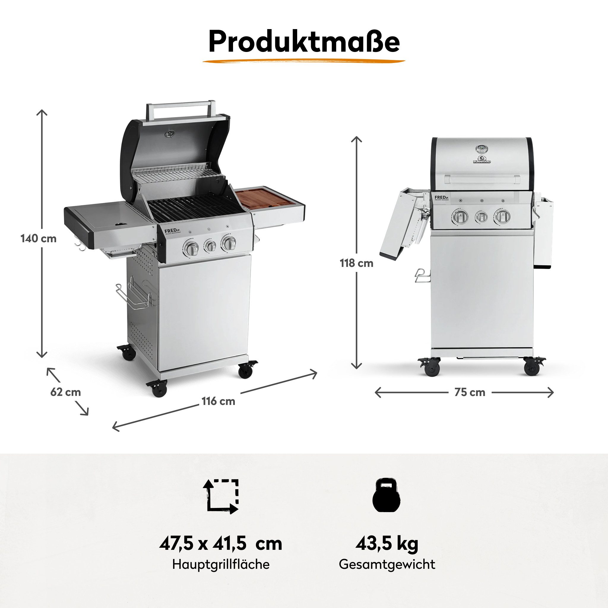 BURNHARD® Gasgrill 2-Brenner 900°C Infrarot-Keramikbrenner, Edelstahl-Grillrost, Grillabdeckung, klappbare Seitentische – FRED Jr. Deluxe – Series 3, Series 3