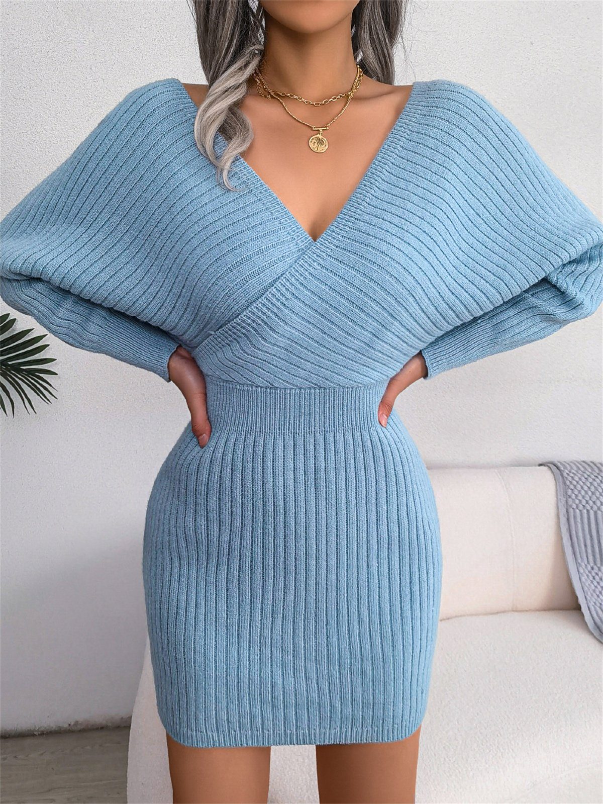 mit Jersey Strickkleid und carefully selected Damen-Tunika-Pulloverkleid Sexy V-Ausschnitt blau