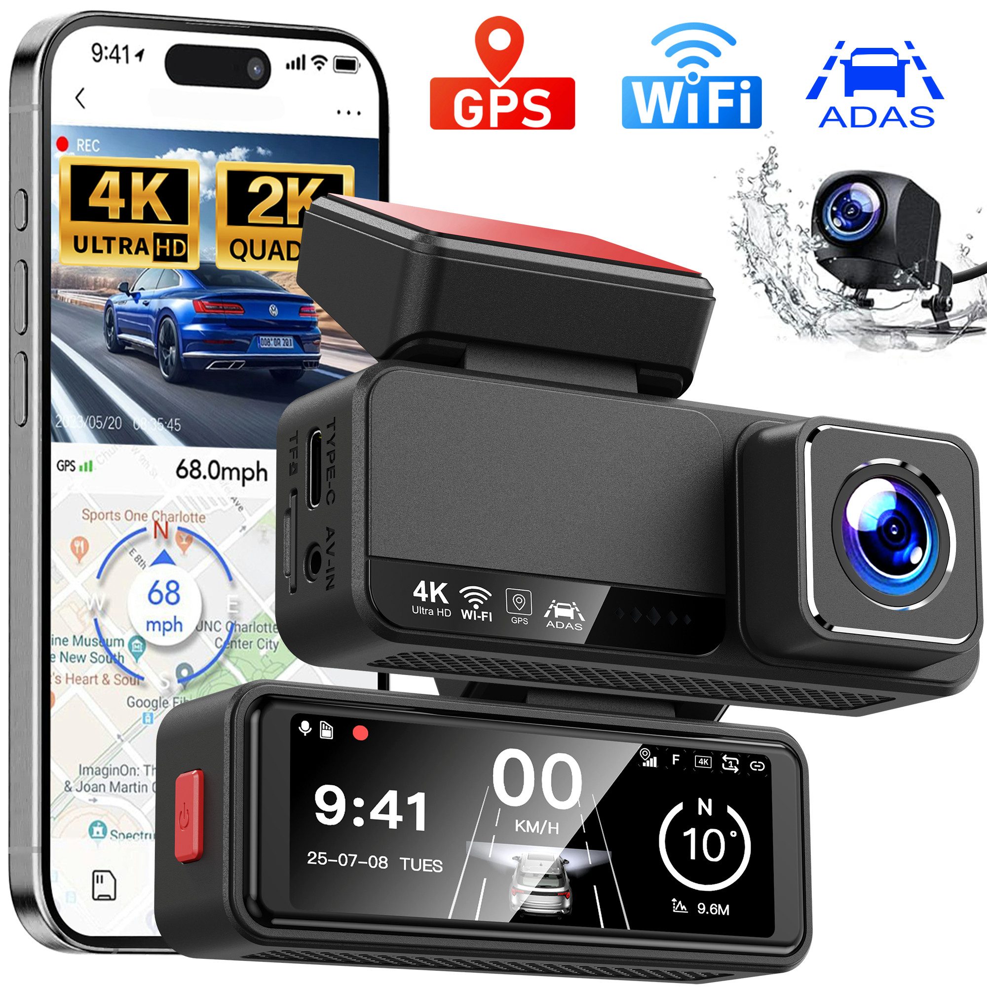 OYLCDI Dashcam Auto,2-Kanal 4K+1080P Autokamera,Mit GPS 3.16 Zoll-Bildschirm Dashcam (ADAS, (WLAN (Wi-Fi), Zeitrafermodus, App-Steuerung Autokamera,140°Ultraweitwinkel, Super Nachtsicht, Autokamera,G-Sensor, Loop-Aufnahme,WDR)