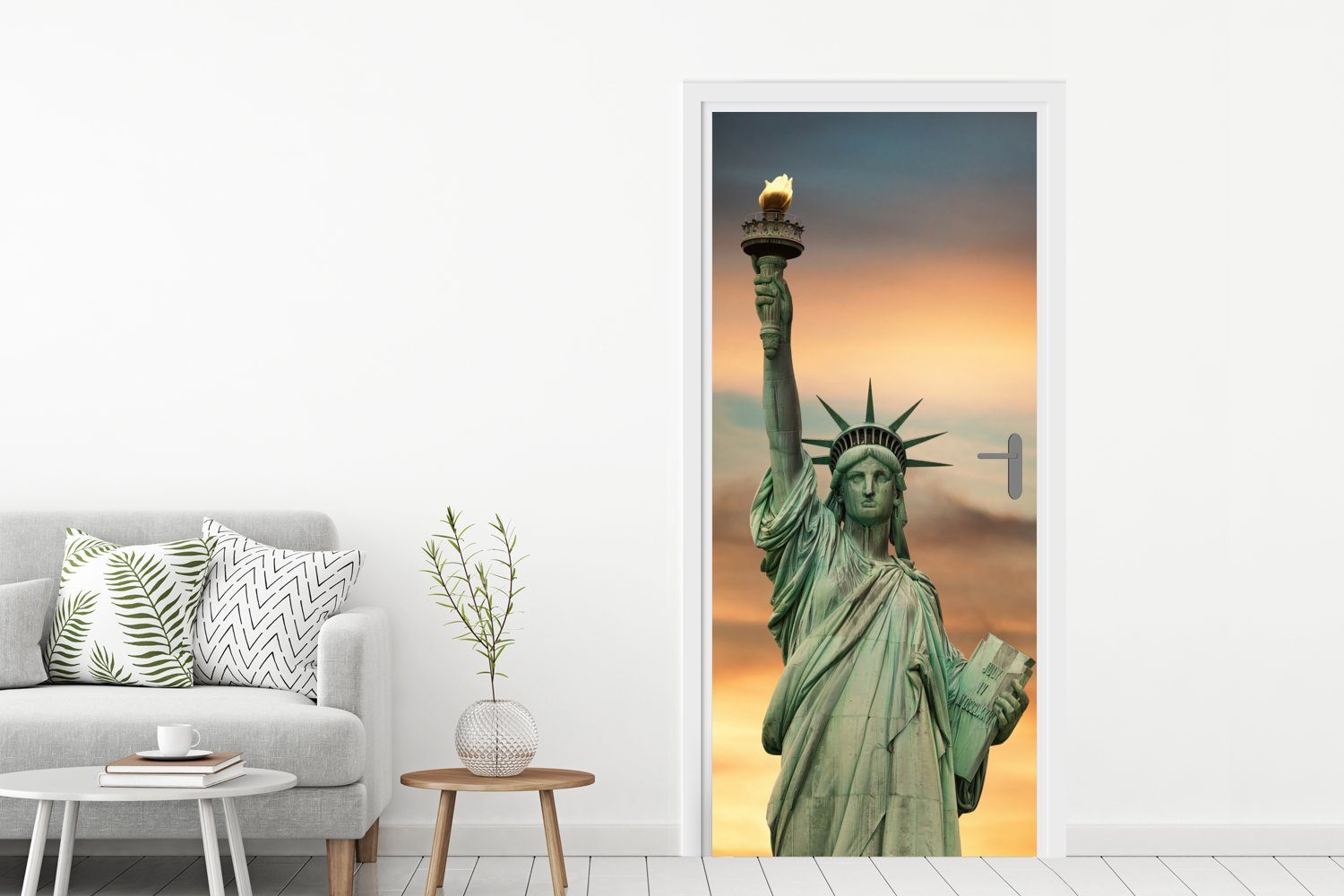 Freiheitsstatue Fototapete für Tür, bedruckt, Türtapete St), Türaufkleber, Matt, - (1 New York Sonnenuntergang, 75x205 MuchoWow - cm