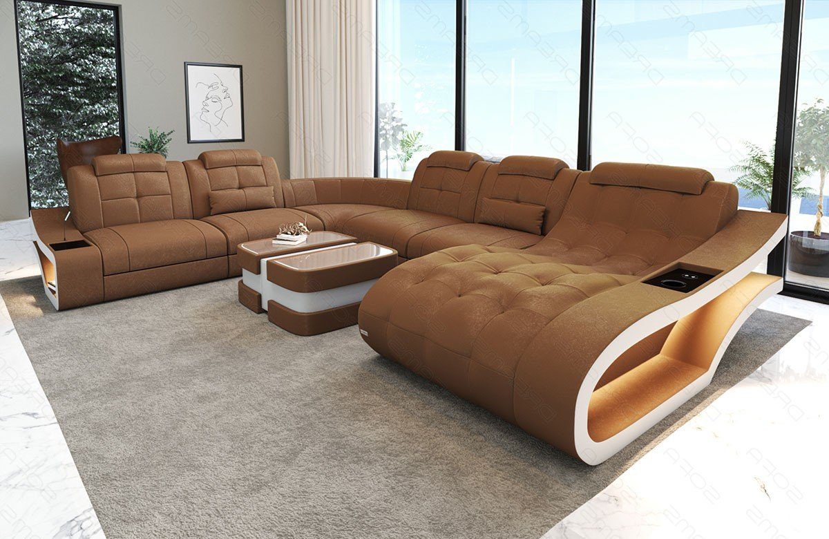 Sofa Couch Bettfunktion Elegante A Polster Form Stoff Wohnlandschaft XXL Stoffsofa, Sofa Dreams caramel-weiß mit wahlweise