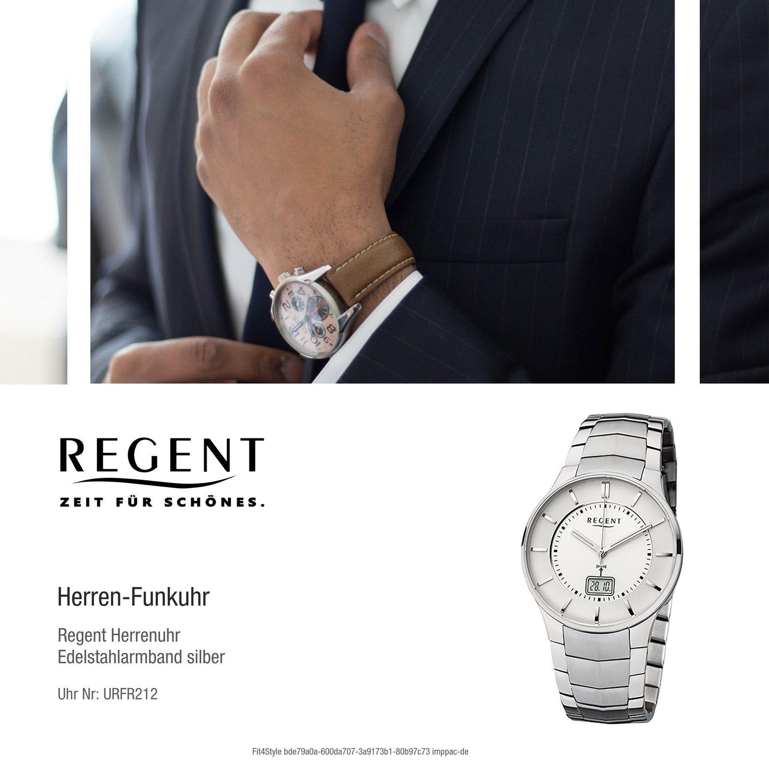 Regent Funkuhr Regent Edelstahl Herrenuhr FR212 Funkuhr, Herrenuhr  Edelstahlarmband, rundes Gehäuse (ca. 39mm), Elegant-Style