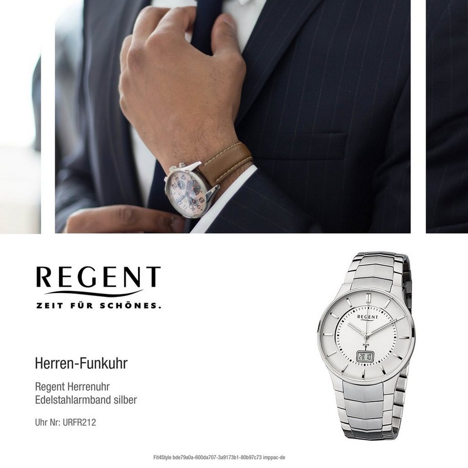 Regent Funkuhr Regent Edelstahl Herrenuhr FR212 Funkuhr, Herrenuhr  Edelstahlarmband, rundes Gehäuse (ca. 39mm), Elegant-Style