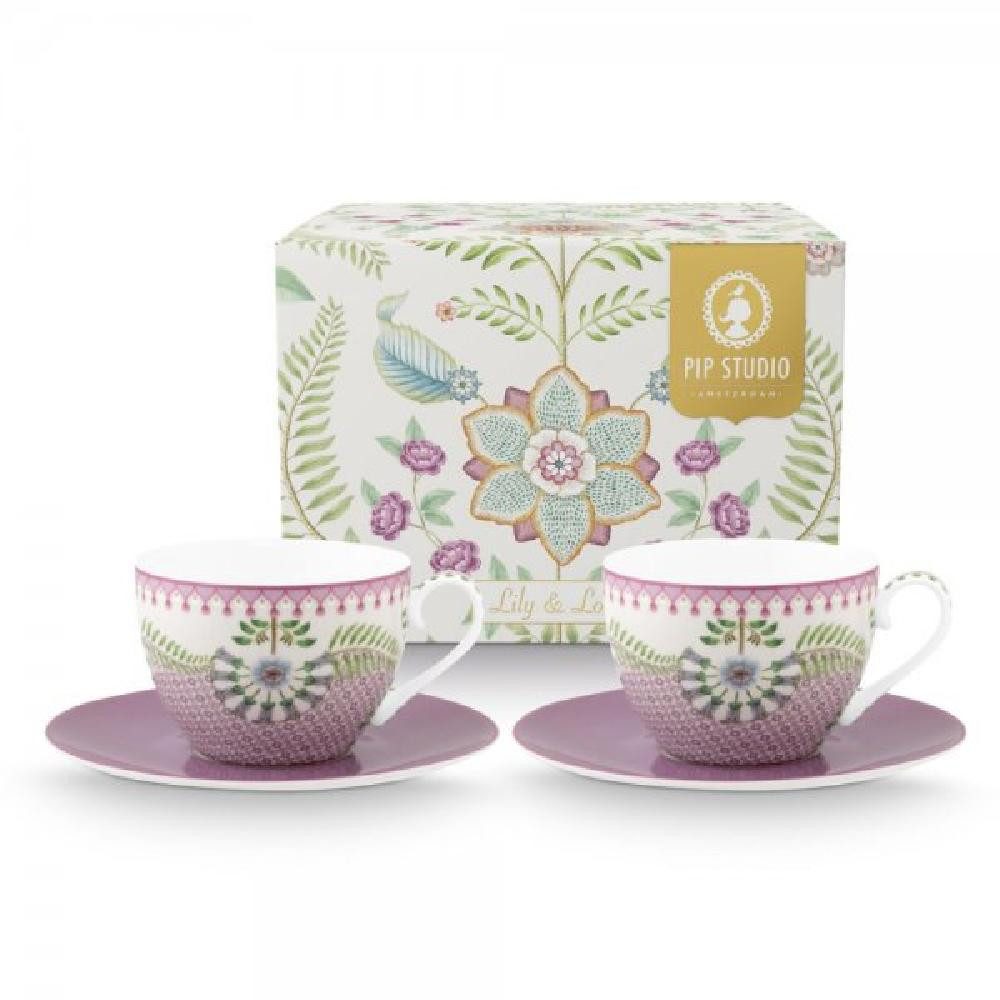Geschirr-Set Cappuccinotasse mit Untertasse Set Lily & Lotus Tiles Lila (280ml) (4-