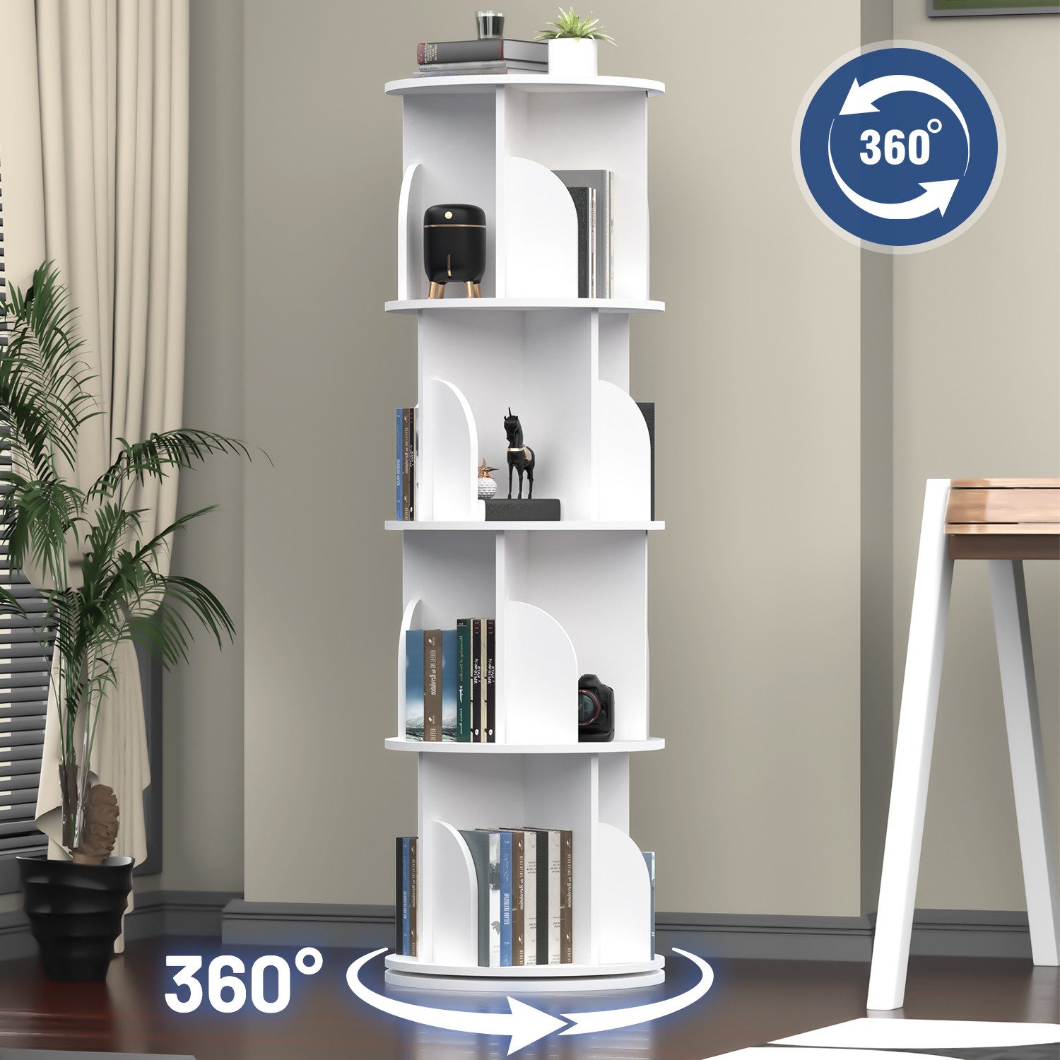 oyajia Bücherregal Drehbare Bücherregal, 4 Etagen Stehregale Lagerregal mit Fächern, Bücherregal, offenes Aufbewahrungsregal, 40 x 40 x 128 cm, drehbar, 4 Ebenen 16 Fächer