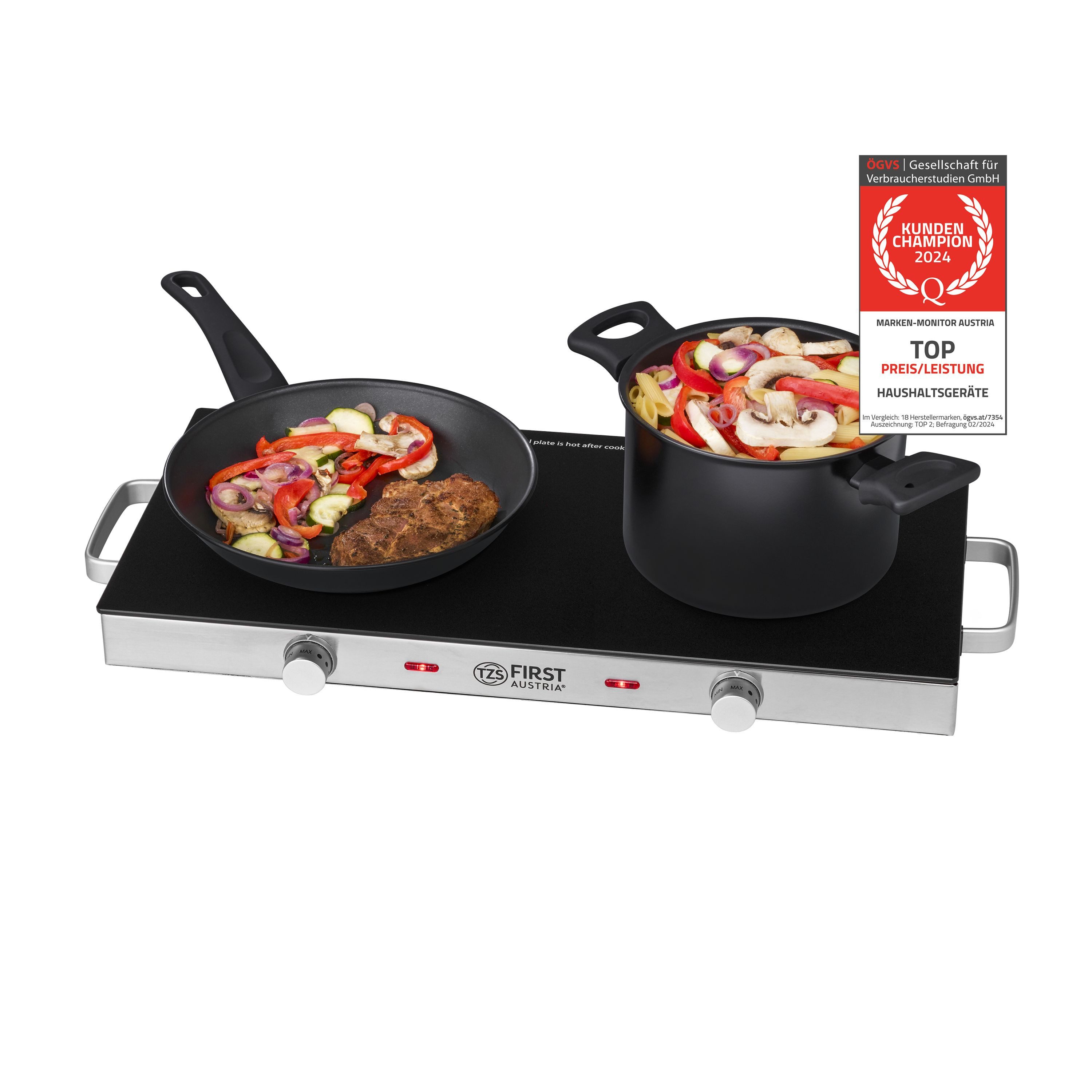 TZS FIRST AUSTRIA Doppelkochplatte Infrarot Kochplatte, elektrisch, 2800W, 20cm und 16,5cm Kochfeld, Oberflächentemperatur >400°C, Glaskeramik, jedes Kochgeschirr geeignet