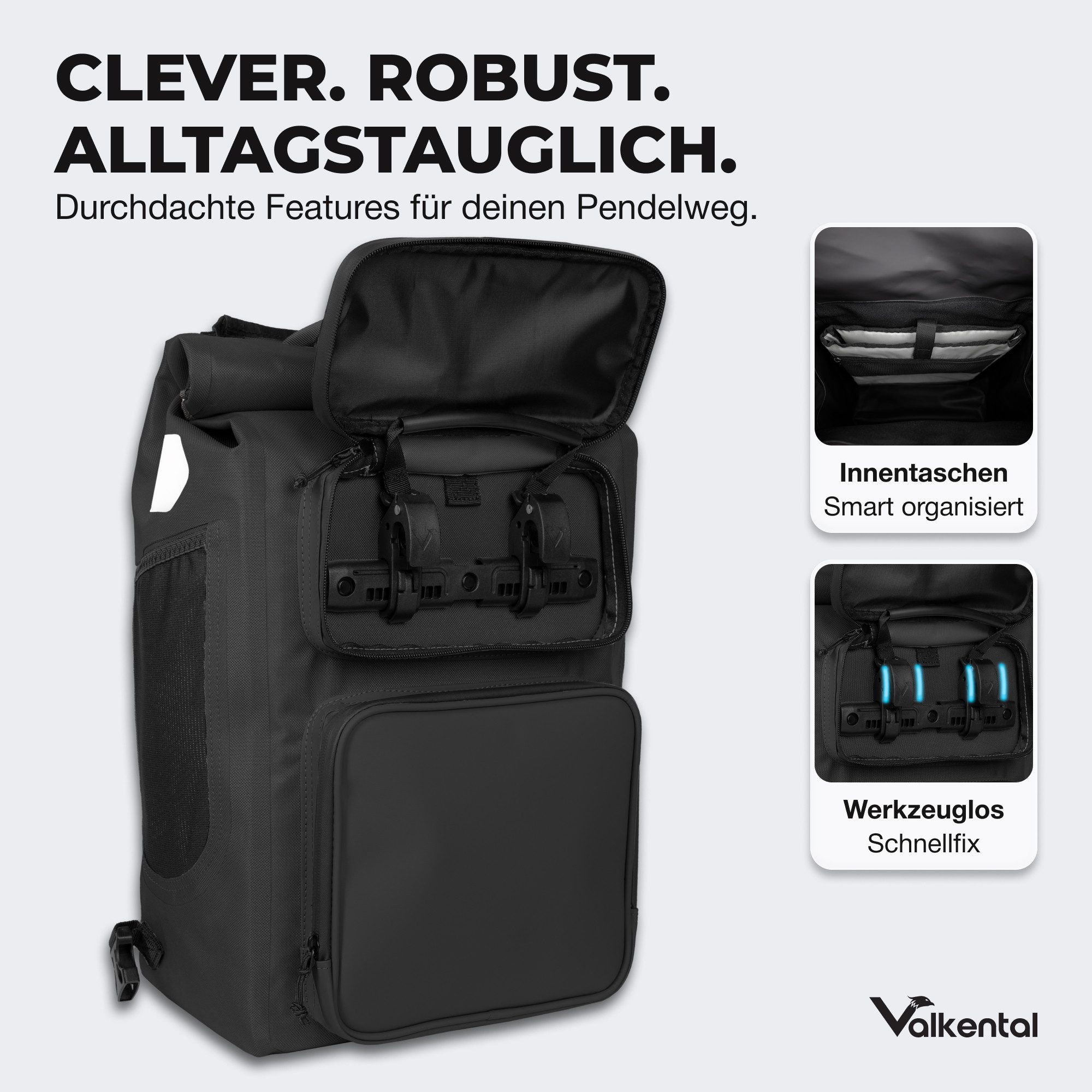 Valkental Gepäckträgertasche Gepäckträgertasche 2in1 Fahrradtasche mit Rucksackfunktion UrbanX (mit Rucksackfunktion und abschließbarer Halterung), 100 % wasserdicht & reflektierend, 28 L