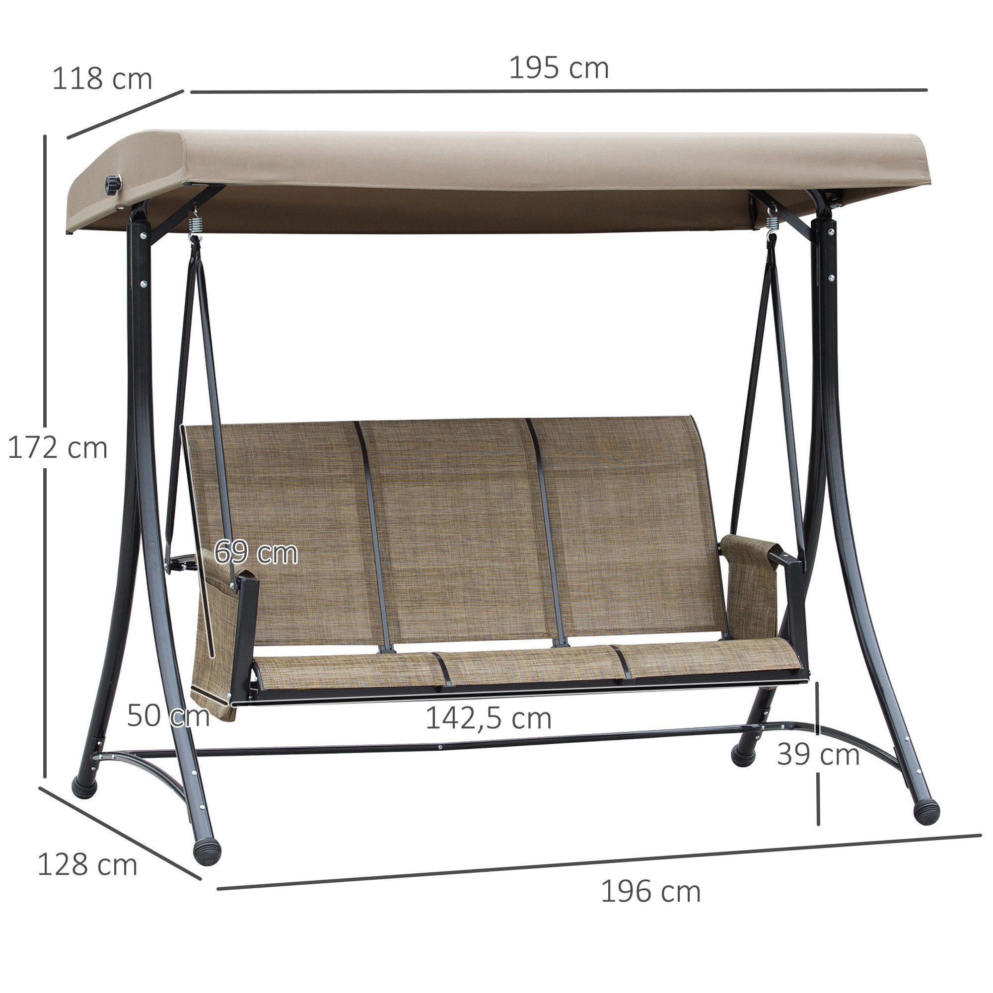 Outsunny Hollywoodschaukel mit Seitentasche, mit verstellbarem Sonnendach, 3-Sitzer, mit verstellbarem Sonnendach, 3-Sitzer Gartenschaukel, 1 tlg., Schaukelbank, belast bis 300kg, für Garten, Terrasse, 196 x 128 x 172 cm, Braun