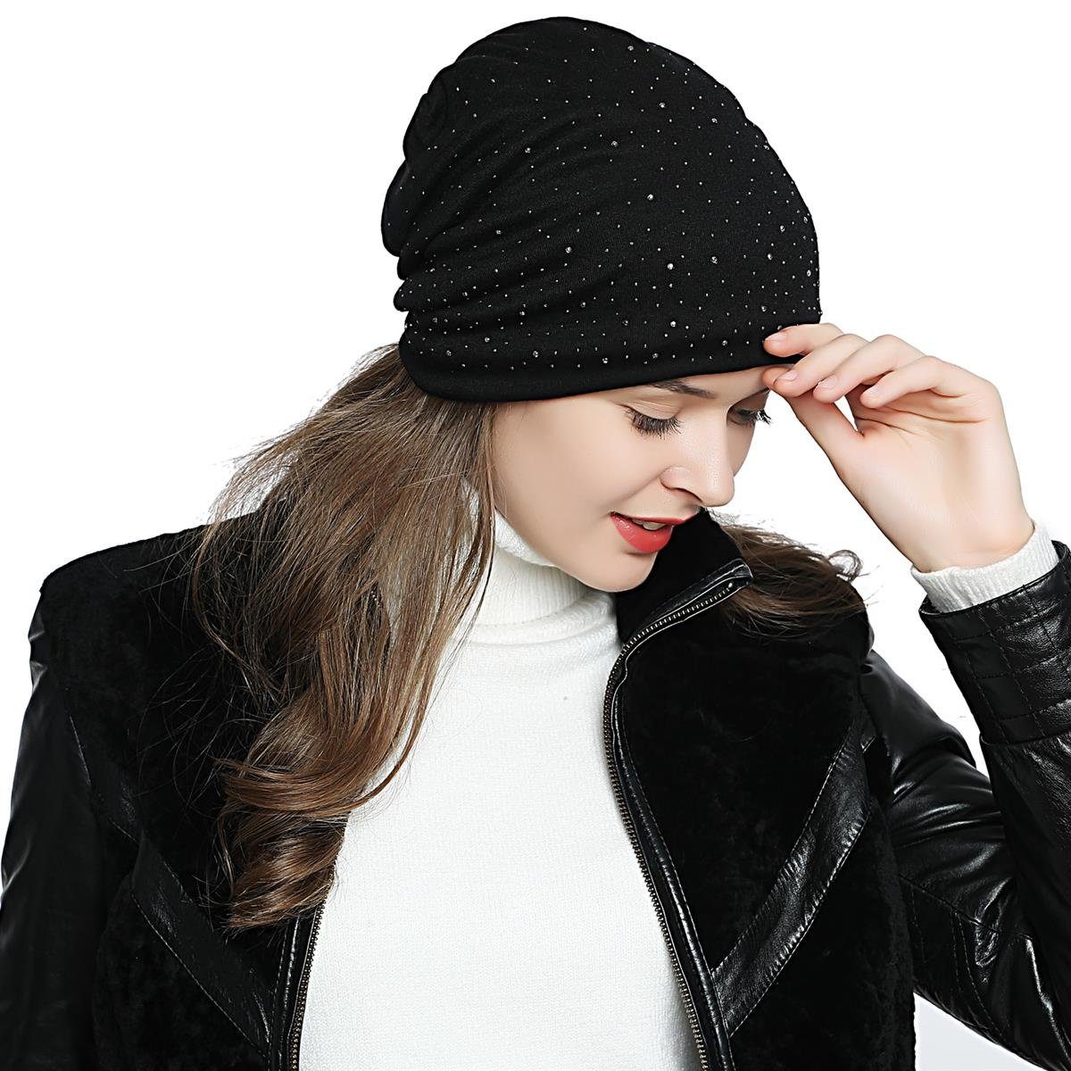DonDon Beanie Damen Slouch Nieten (Packung, 1-St) Wintermütze, Beanie mit Pailletten und Teddyfleece – Bild 3 von 5