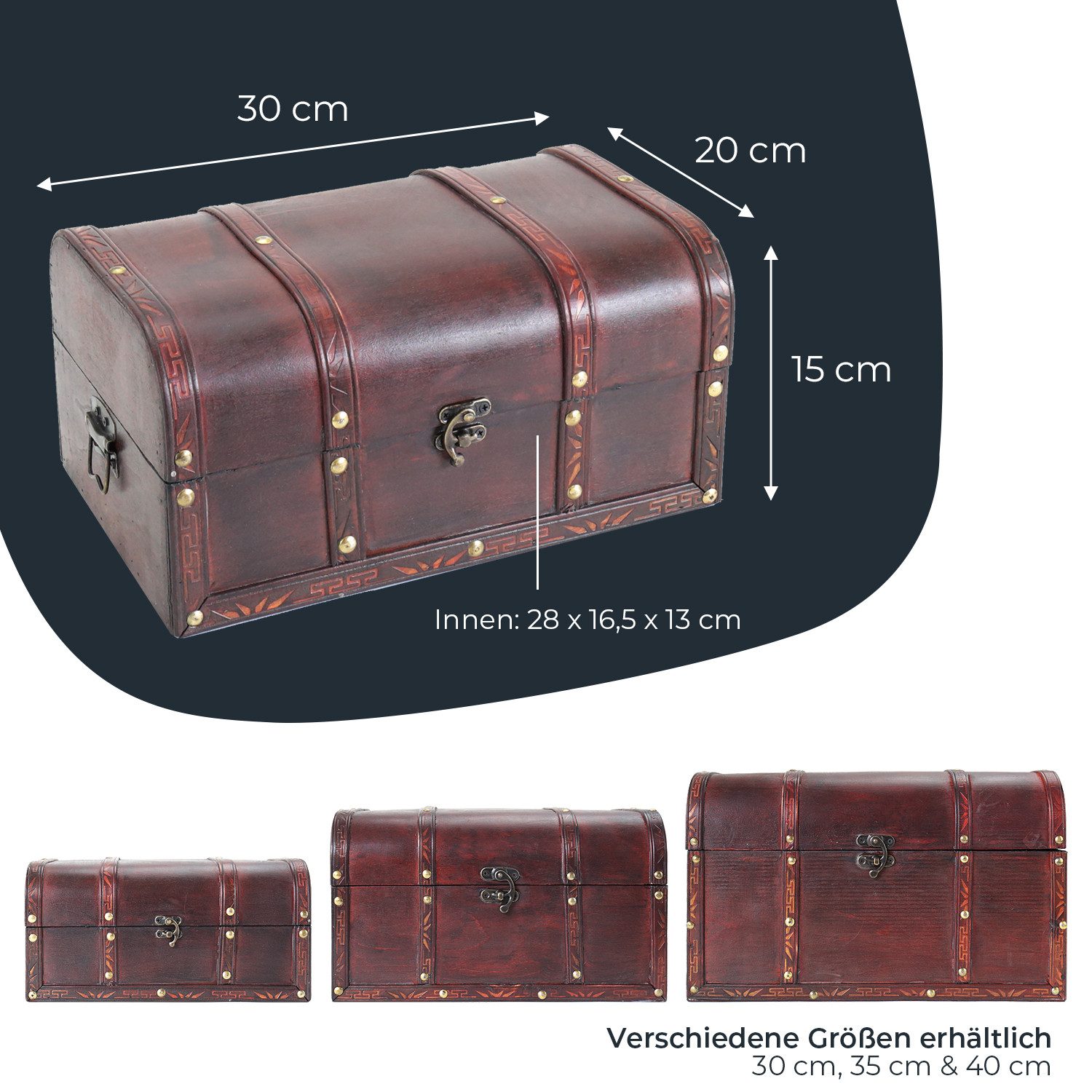 HMF Schatzkiste Handgefertigte Holztruhe Portugal, Schatzkiste mit dekorativem Metallschloss im Antik-Look 30x20x15 cm