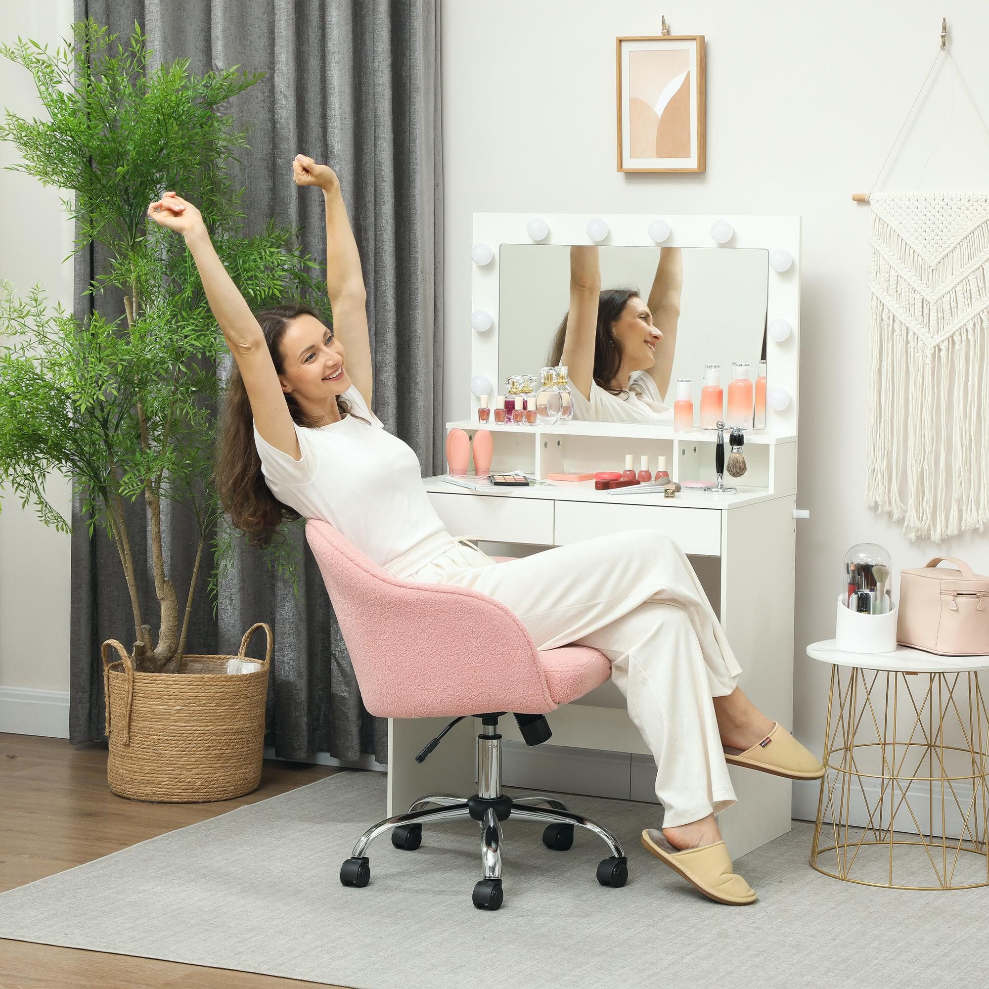 HOMCOM Bürostuhl Schreibtischstuhl mit Teddysamtoptik höhenverstellbar Drehstuhl (ergonomisch Homeoffice Stuhl, 1 St), für Schlafzimmer, Arbeitszimmer, Rosa