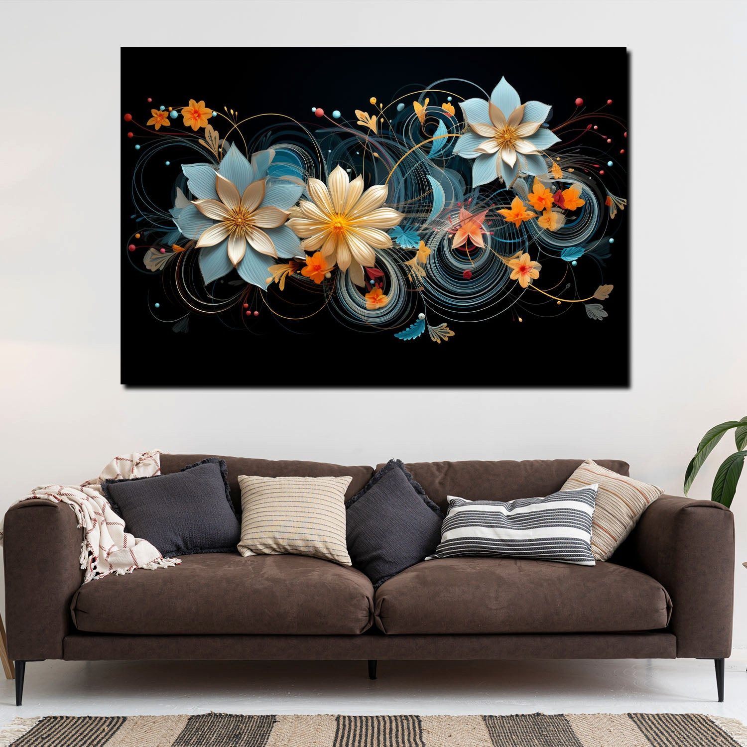Artedinoi Leinwandbild Blumen elegant Gold Schwarz abstrakt Leinwandbild Kunstdruck XL Deko, Blumen in Schwarz, abstrakt