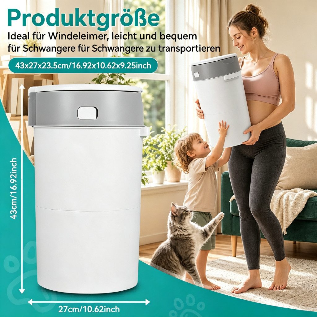 Rutaqian Windeleimer Windeleimer 13L mit Geruchsverschluss und Nachfüllfolie Baby, Windelmülleimer mit 360° Drehgriff einzeln versiegelnd Grau
