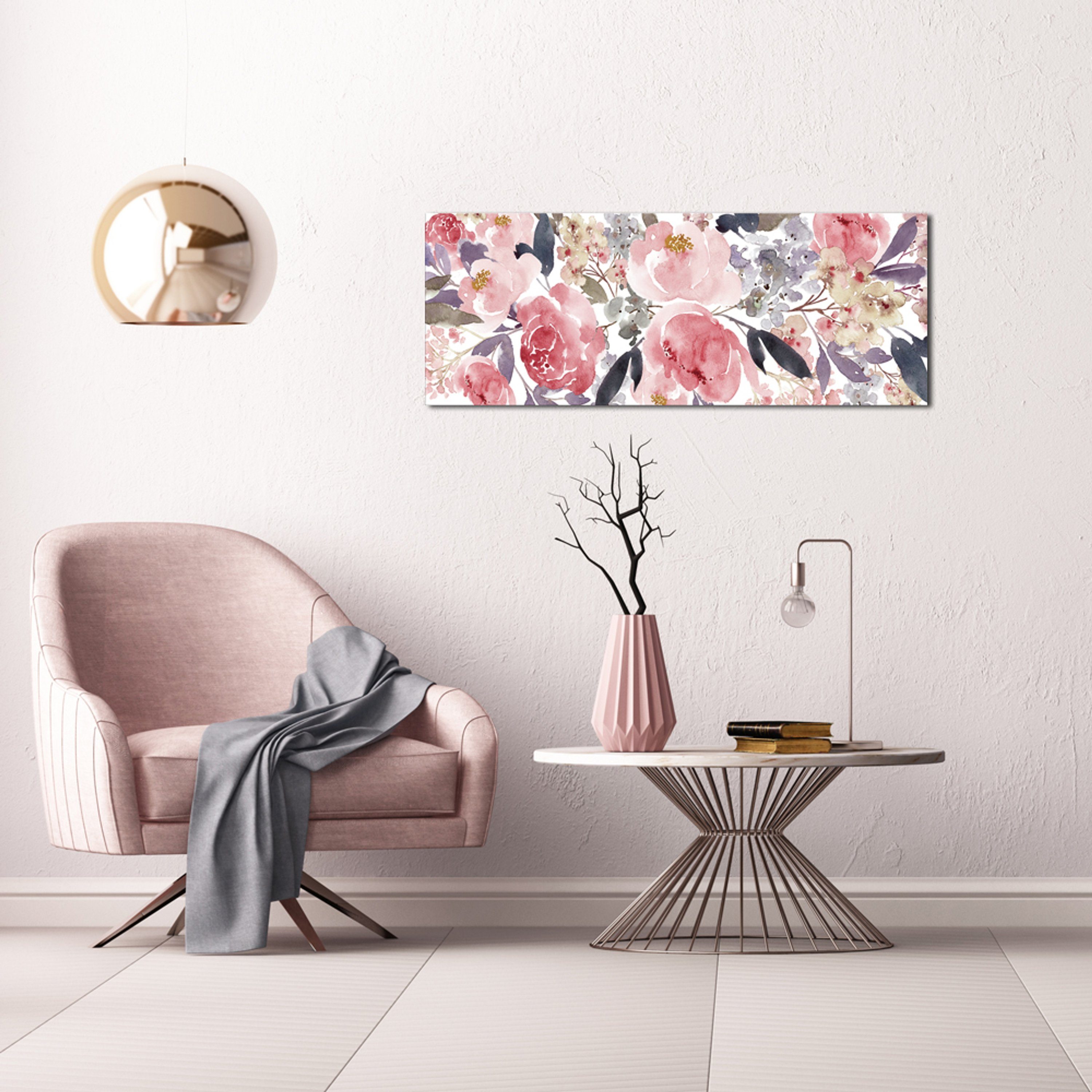 artissimo Blumen, in Auqarell-Malerei: Bild 80x30cm alt-rosa Wohnzimmer Pastell Glasbild Glas Aquarell Glasbild aus Vintage-Blumen