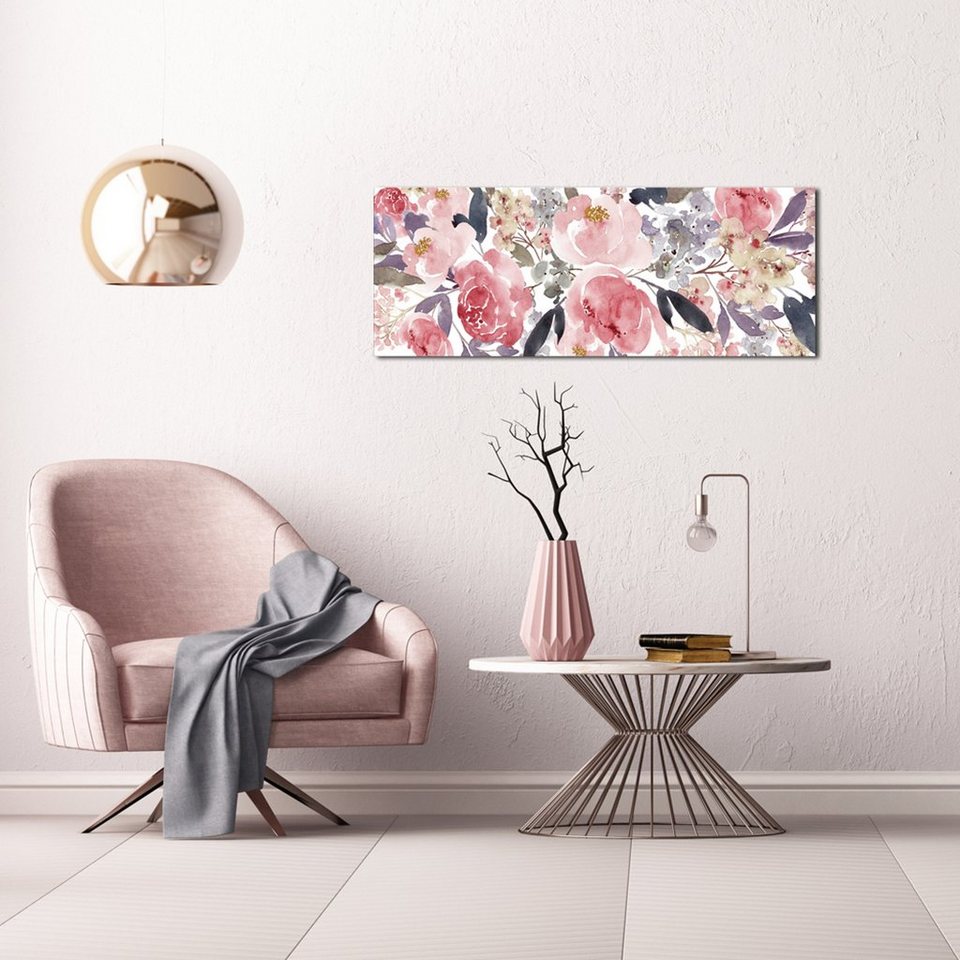 in 80x30cm Glasbild Blumen, Glasbild Glas Auqarell-Malerei: Bild Aquarell Vintage-Blumen Wohnzimmer alt-rosa artissimo Pastell aus