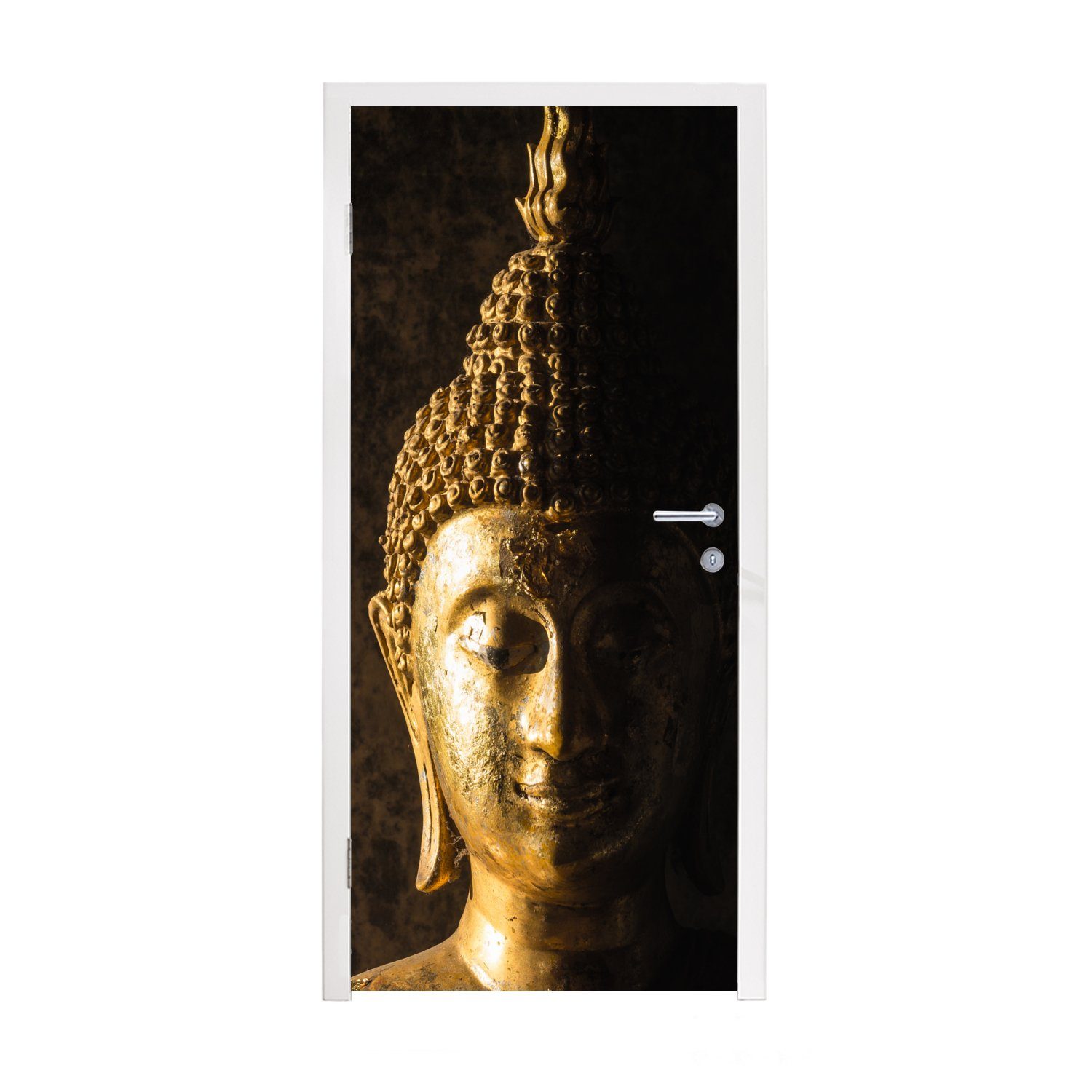 Fototapete Buddha-Statue Schwarz, Spirituell 75x205 Gold Türaufkleber, für - Buddha cm St), - Tür, - MuchoWow (1 - bedruckt, Matt, Türtapete