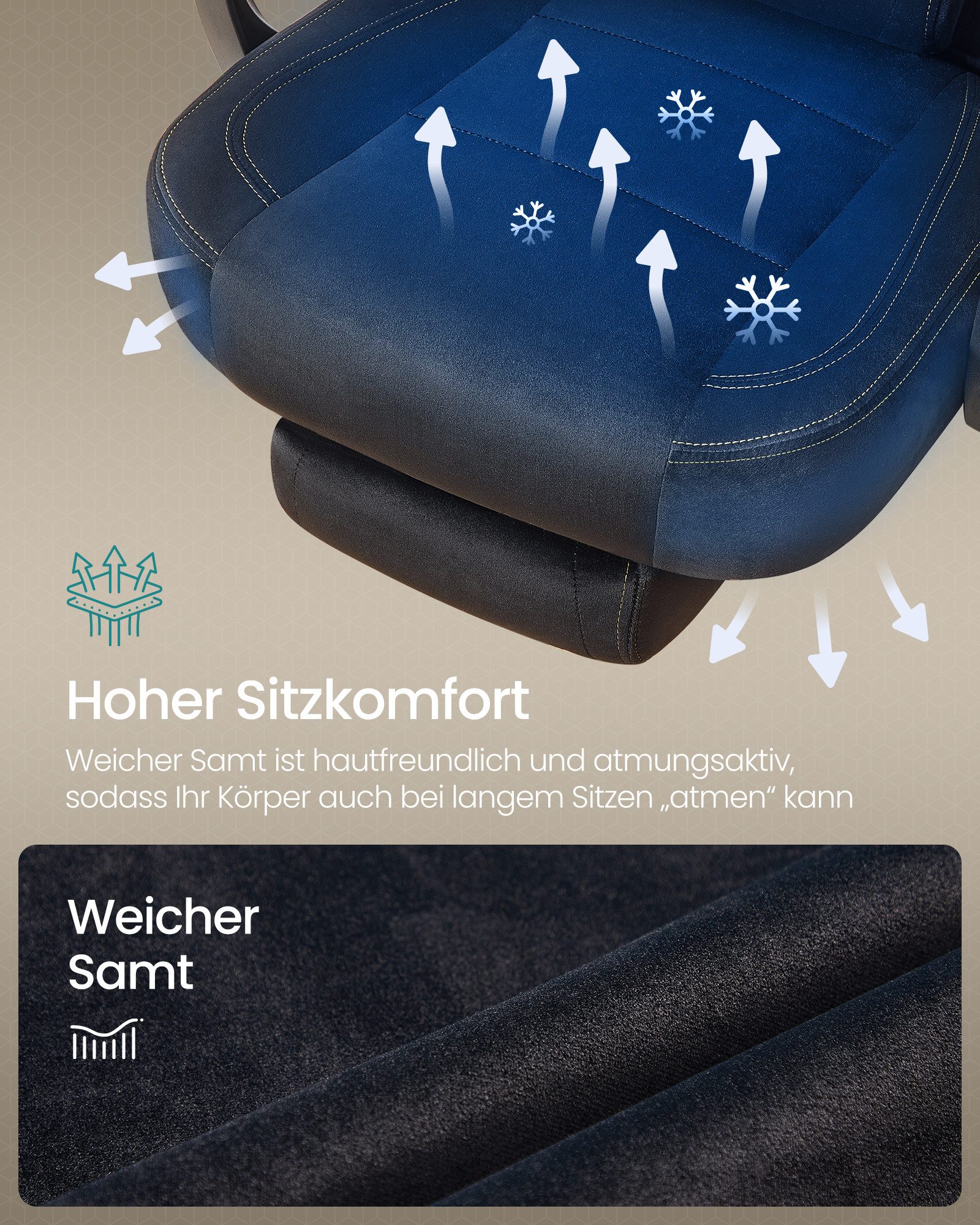 SONGMICS Bürostuhl Gaming-Stuhl, Computerstuhl ergonomischer, bis 150 kg belastbar, mit ausziehbarer Fußstütze, verstellbarem Kopfkissen und Lendenkissen – Bild 4 von 5