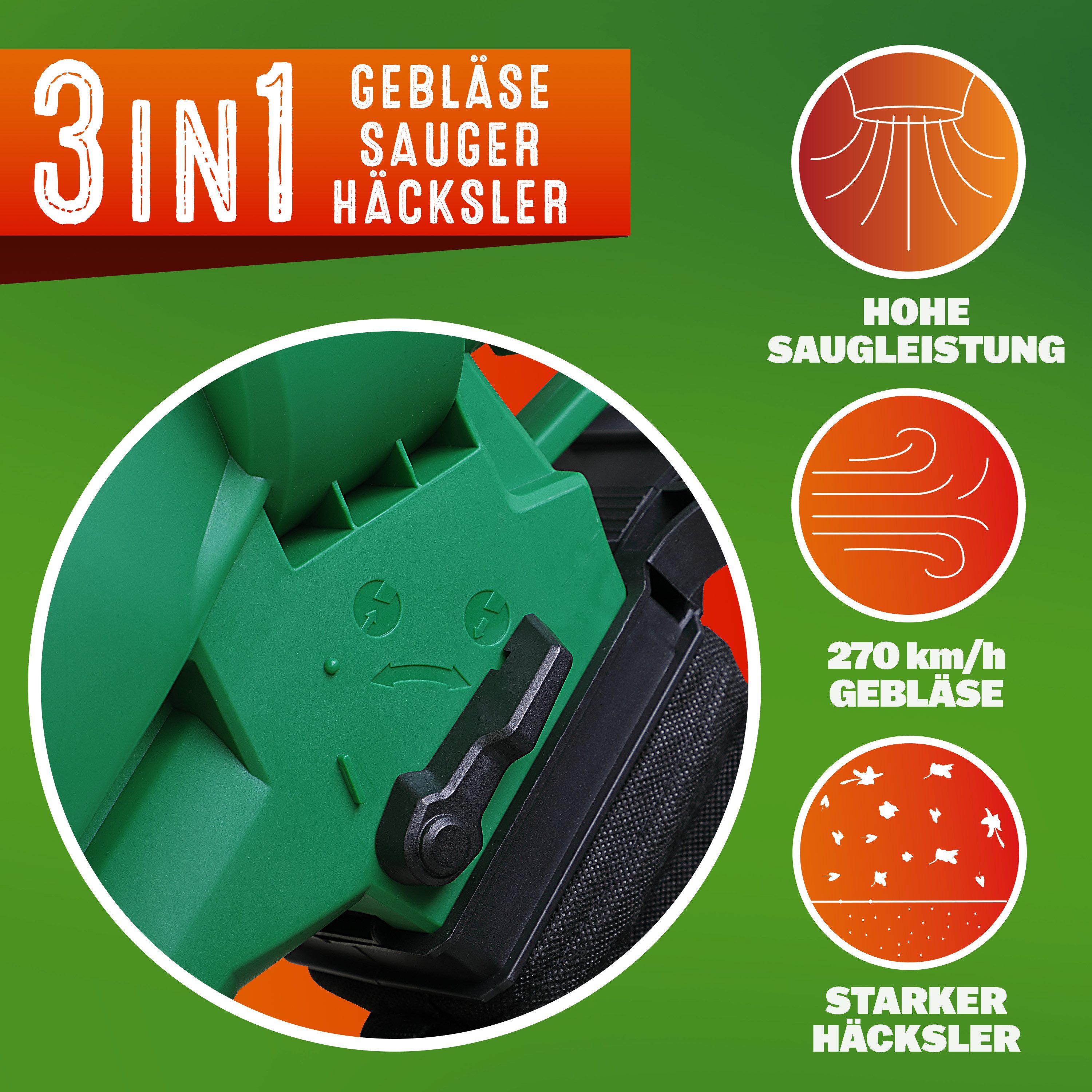 Gardebruk Laubsauger, Elektro 3in1 3000W Schultergurt und Rollen Fangsack 45L Laubbläser