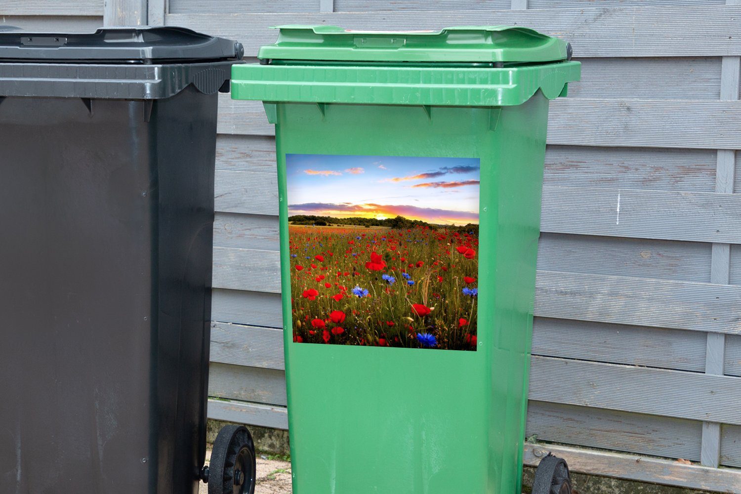 Abfalbehälter Sonnenuntergang - Sticker, (1 Mülltonne, Container, Blumen St), - Mülleimer-aufkleber, Wandsticker Farben MuchoWow