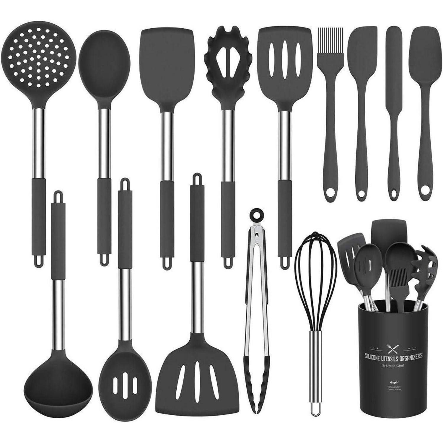 LuxusKollektion Kochbesteck-Set 15-teiliges Silikon Küchenutensilien-Set hitzebeständig Schwarz/Grau