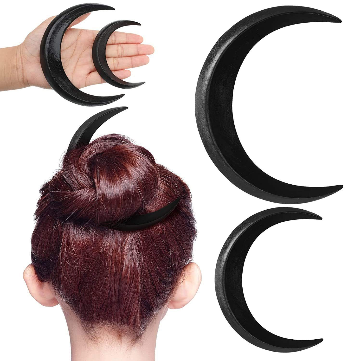 MAGICSHE Haarstyling-Set 2 handgefertigte halbmondförmige Haargabeln und Mondhaarstöcke, Haarschmuck Haarspange aus Holz in halbmondförmiger Form schwarz