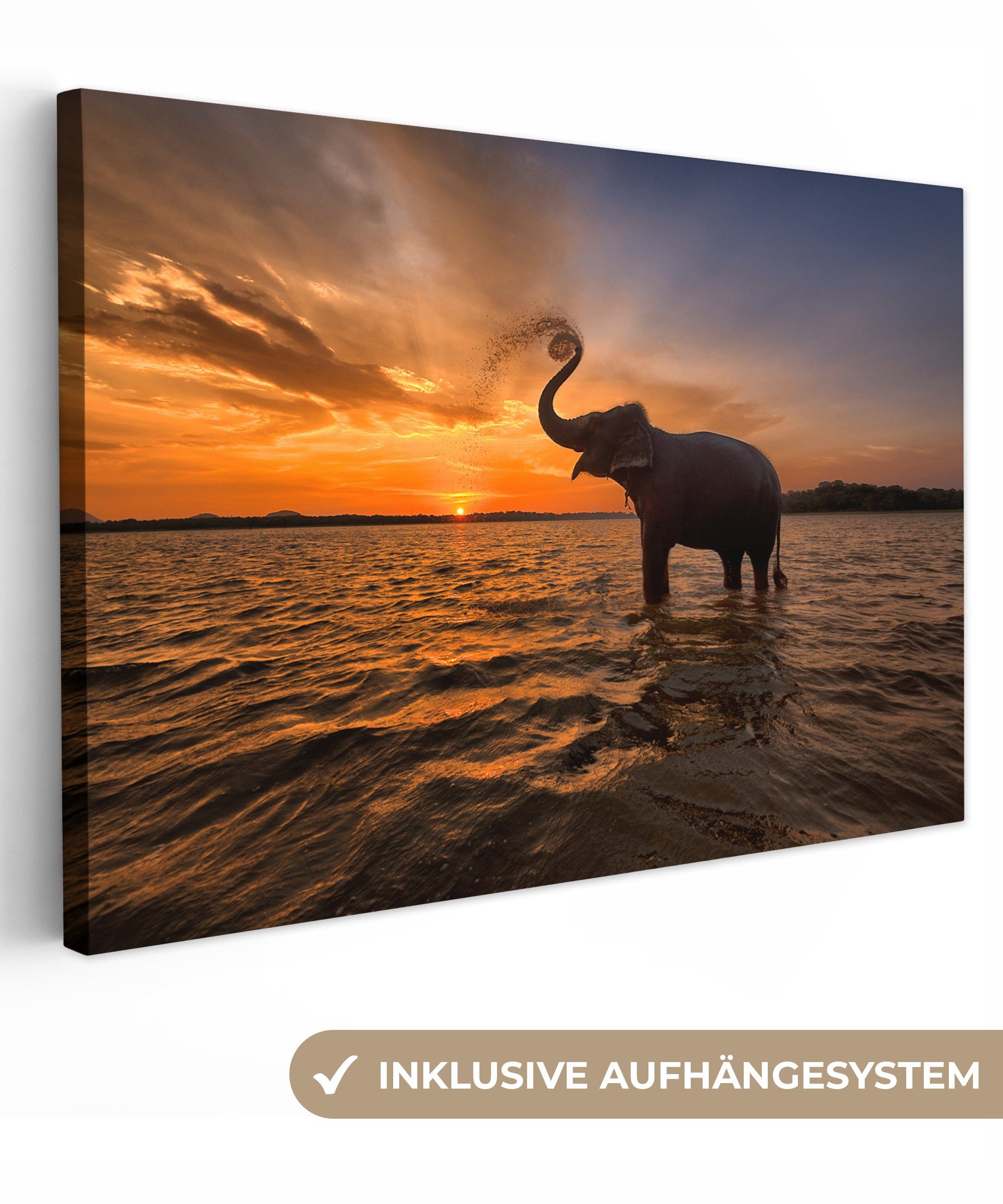 OneMillionCanvasses® Leinwandbild Elefant - Meer - Tiere - Sonnenuntergang - Orange, Fotodruck (1 St), Leinwand Bilder Klein, Wand Dekoration Aesthetic 30x20 cm