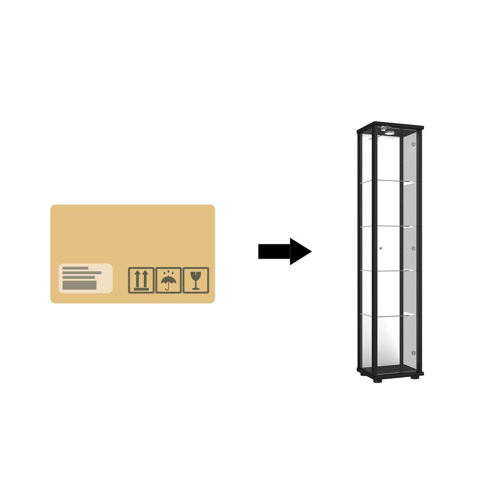 stehend, cm) C1083 Glastür) höhenverstellbaren (Glasvitrine perfekt Sammlervitrine, Schwarz für (176x37x33 Standvitrine 1 Glaseinlegeböden, mit LED, Spiegel, Schloss, mit Sammler, 4 VR-Wohnideen Glasschrank Glasvitrine
