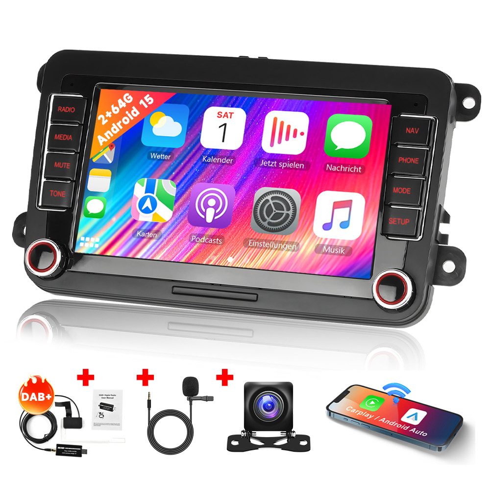 Hikity Doppel Din Android 15 GPS Auto Stereo 7" mit Bluetooth GPS FM für VW Autoradio (Digitalradio (DAB), 2GB+64GB)