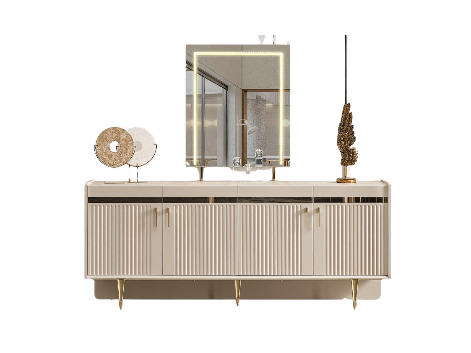 Villa Möbel Sideboard (Sideboard, 1 St., 206 × 44 × 84 cm), Sideboard Stauraum Creme Goldoptik pflegeleicht