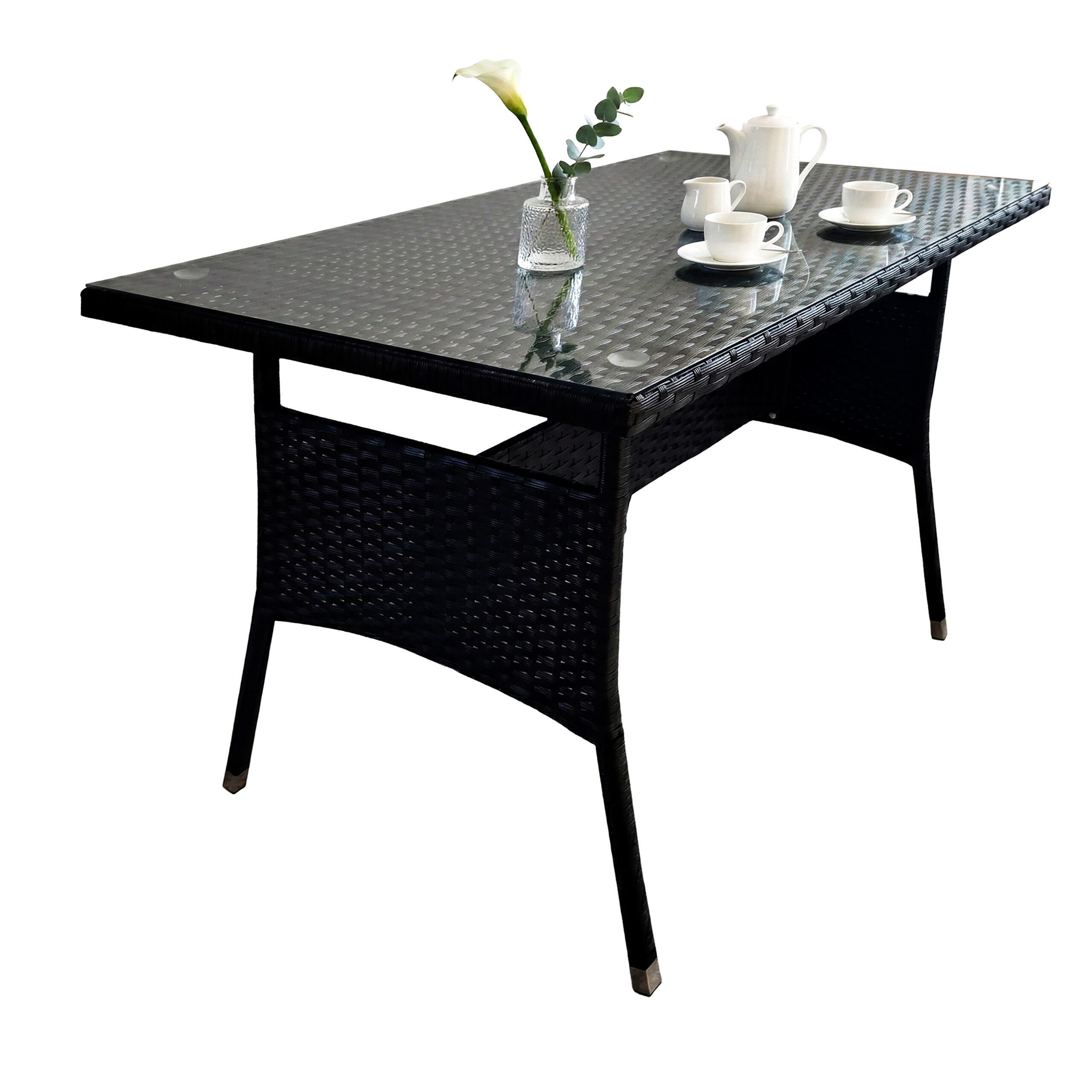 relaxdays Gartentisch Rattanoptik mit Glasplatte (1-St), schwarz