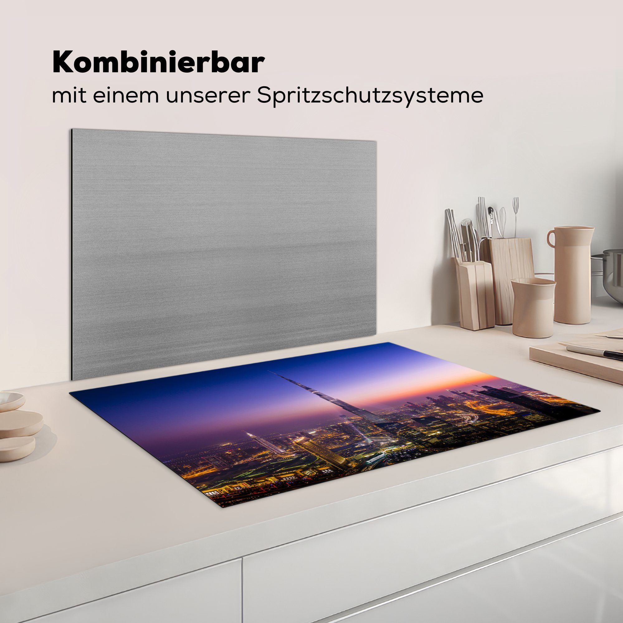 die über 81x52 Khalifa-Wolkenkratzer Dubai, tlg), cm, MuchoWow Schutz für Ceranfeldabdeckung Induktionskochfeld Vinyl, Burj küche, Herdblende-/Abdeckplatte Bunter (1 und dem Himmel