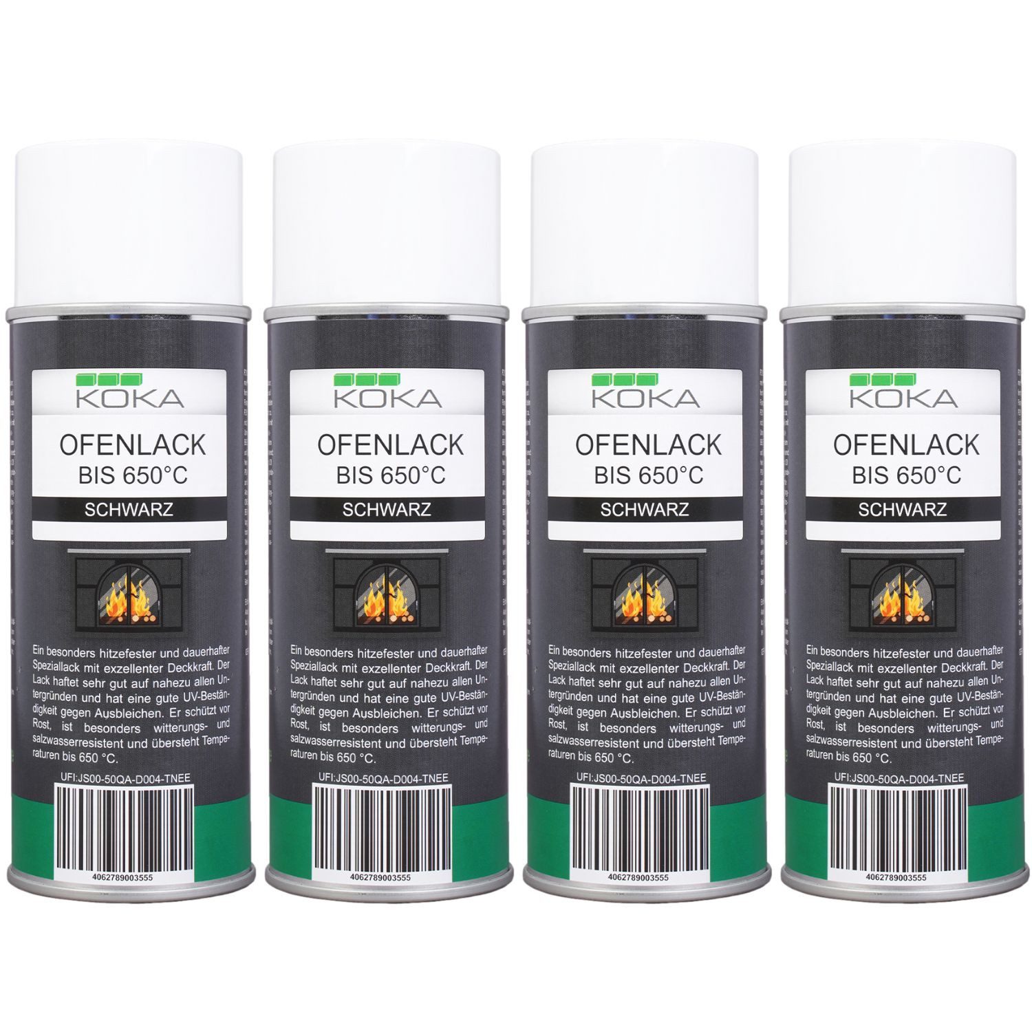 KOKA Sprühlack 4x Ofenlack 650°C Ofen-Farbe Schwarz Matt, Thermolack Lack-Spray Hitzebeständig für Öfen Kamin Grill Schornstein