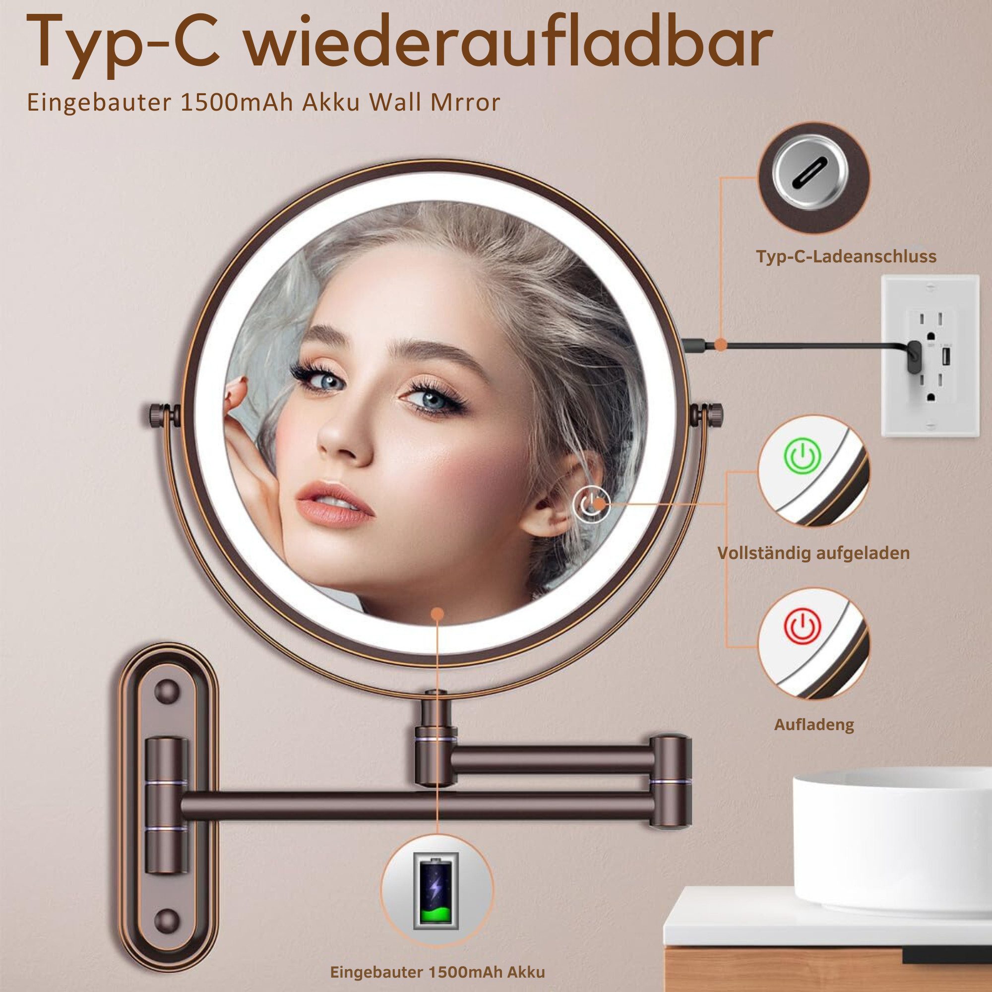 Vivitar Kosmetikspiegel Wiederaufladbarer beleuchteter Badezimmerspiegel, 1X/10X Vergrößerung (einfache Installation und 360-Grad-Drehung, Doppelseitig beleuchteter Kosmetikspiegel), Touch-Switch-Steuerung, einstellbare Helligkeit