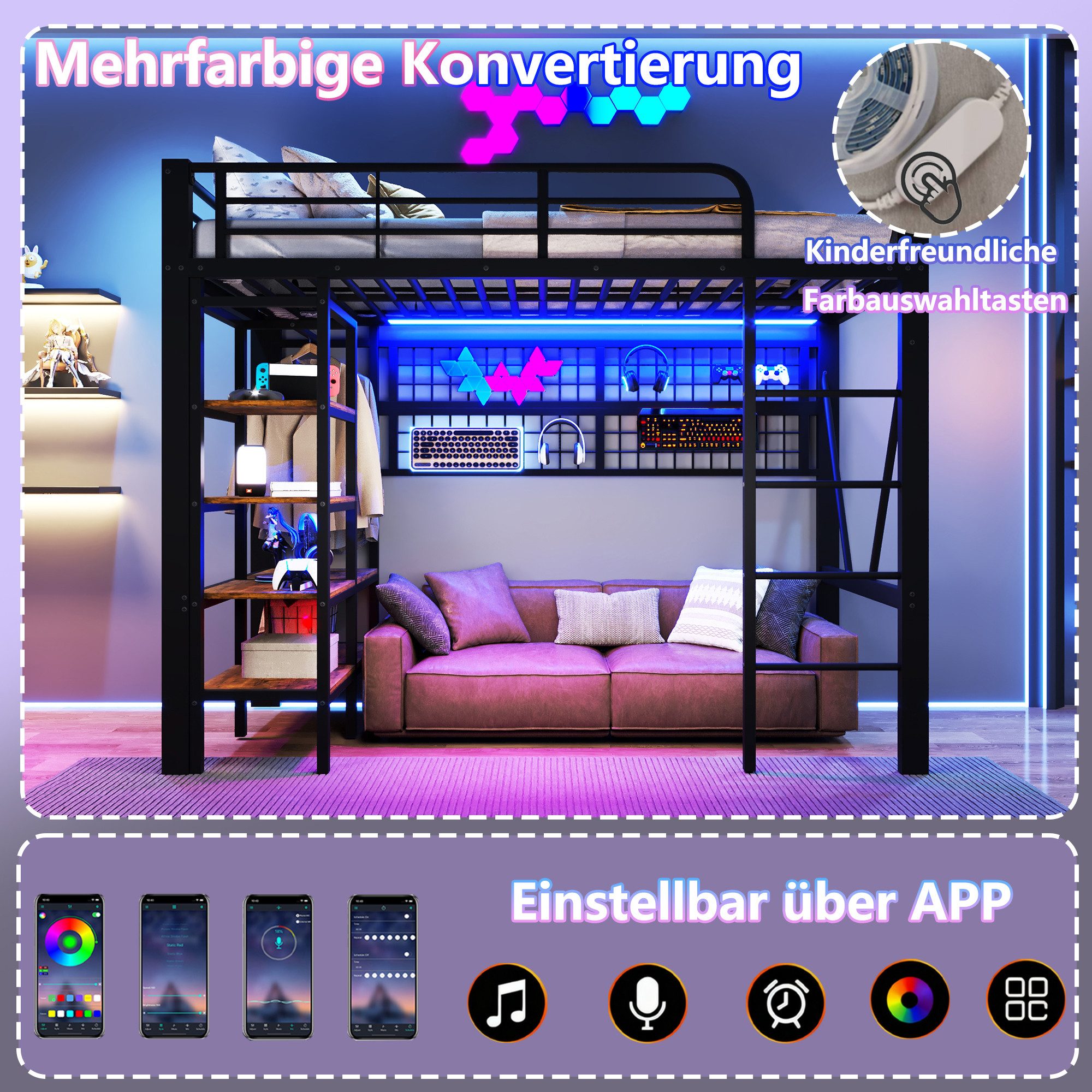 REDOM Hochbett mit LED-Beleuchtung, Netz zum Aufhängen (Jugendbett mit LED-Beleuchtung, Netz zum Aufhängen, Kleiderstange und Stauraum unter dem Bett, 90x200 cm) ohne Matratze