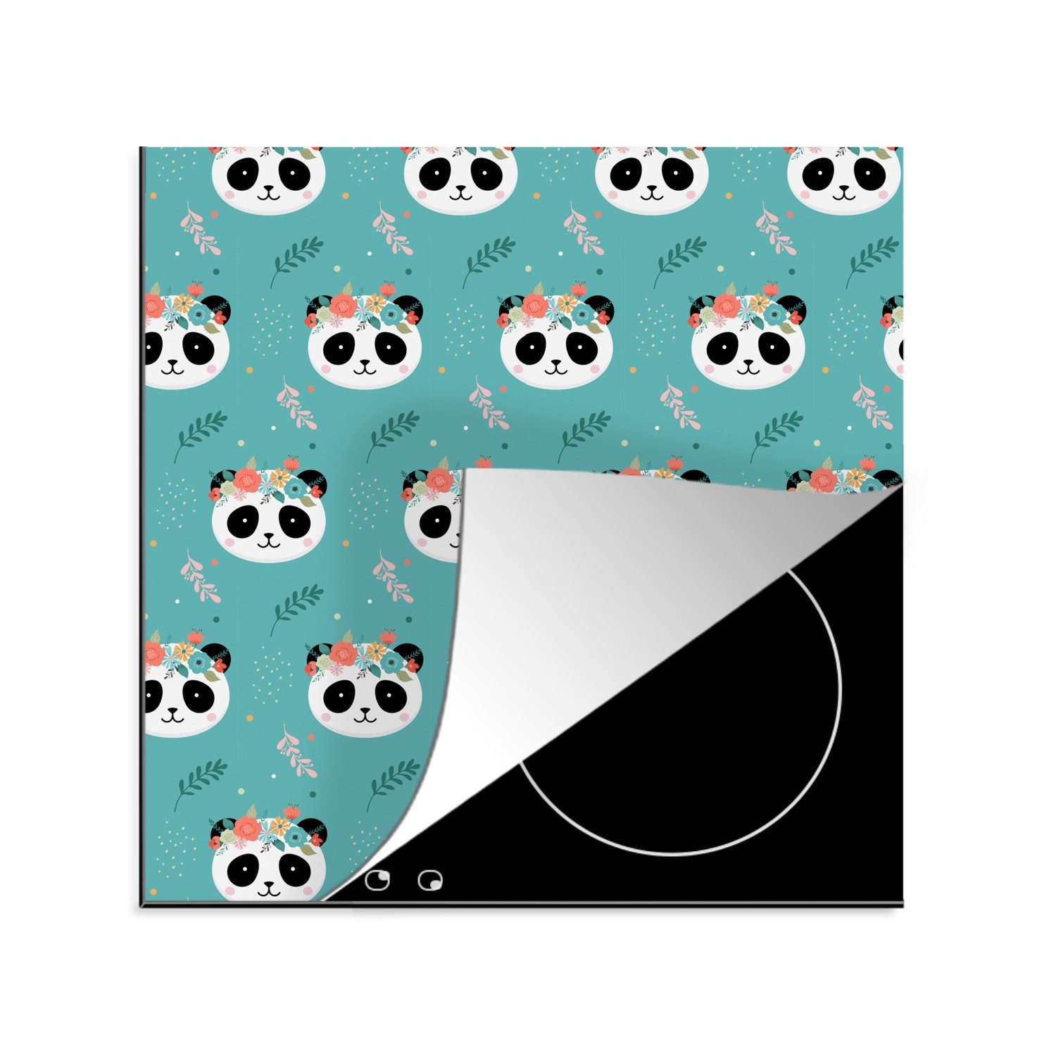 MuchoWow Herdblende-/Abdeckplatte Panda - Tiere - Blumen - Design, Vinyl, (1 tlg), 78x78 cm, Ceranfeldabdeckung, Arbeitsplatte für küche