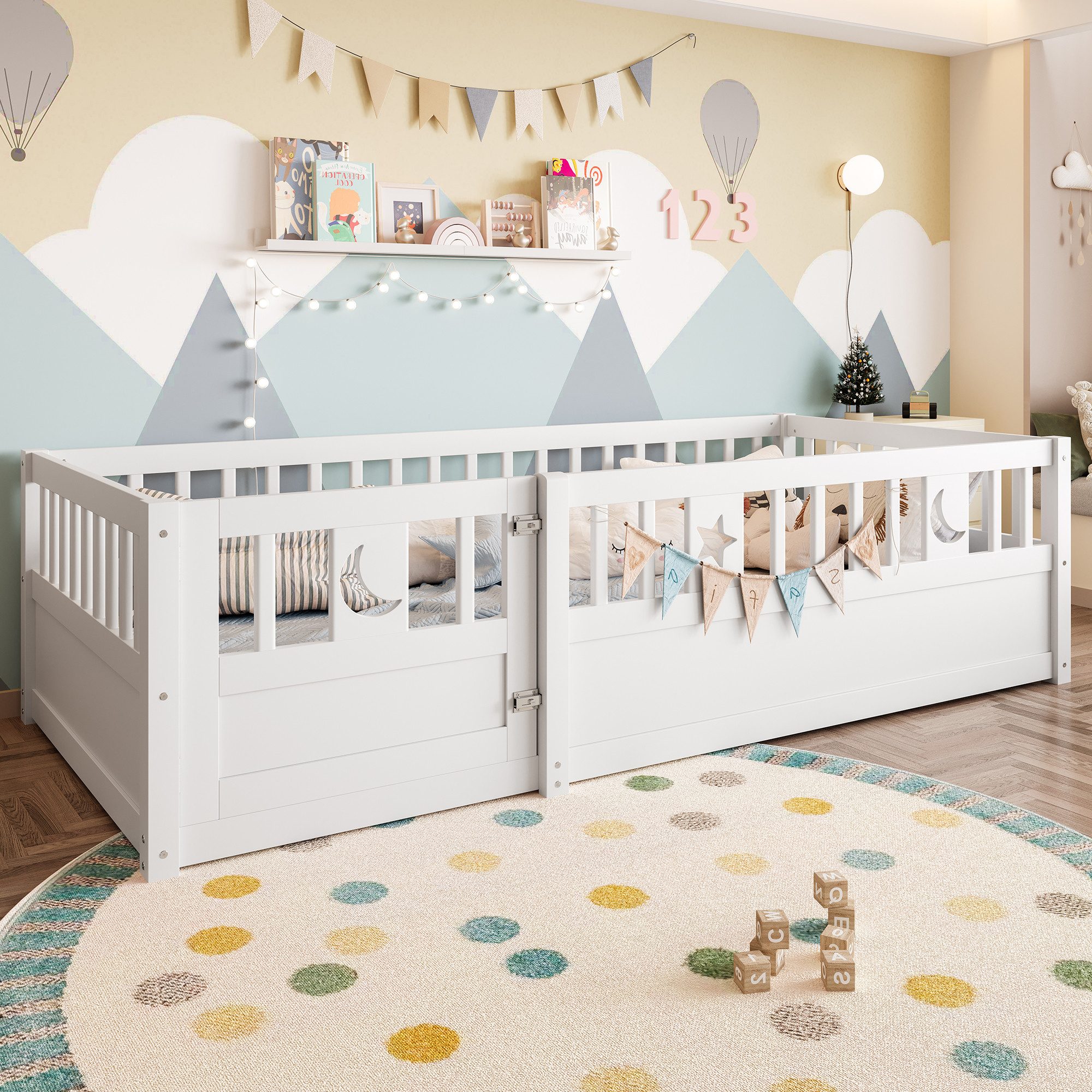 STILVORA Kinderbett 90×190 ohne Lattenrost,Holzbett Bettgestell mit Sicherheitsgeländer (Gitter mit Sicherheitsschloss, Stern- und Monddekoration, Minimalistisches Design, 90 x 190 cm), ohne Matratze