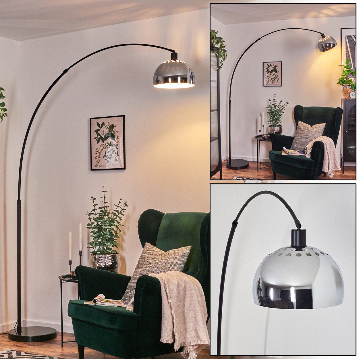 Bogenlampe Stehlampe Metall in Schwarz/Chrom/Rauch/Weiß im Retro/Vintage-Design