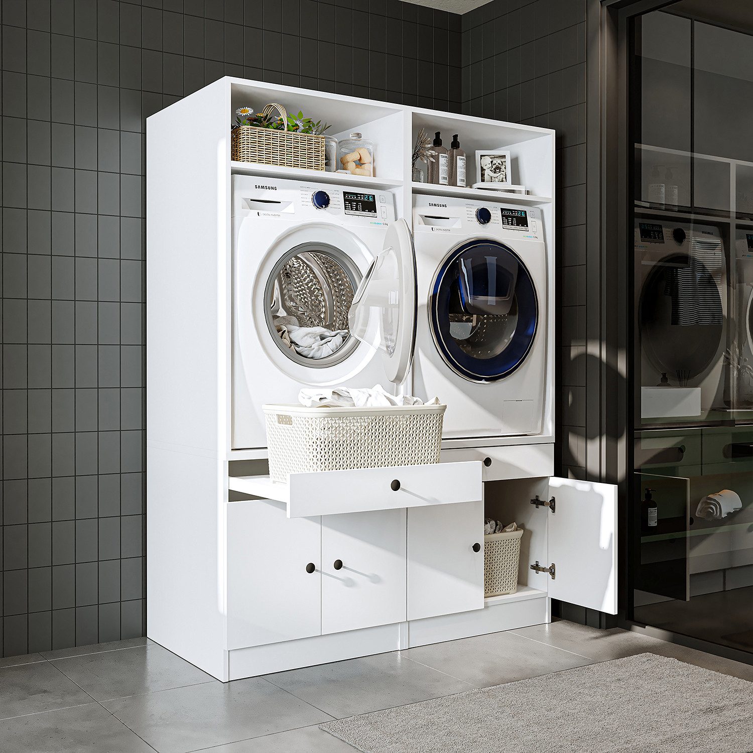 Roomart Waschmaschinenumbauschrank Doppelschrank mit Schrankaufsatz 134 cm, 184 cm hoch, 3 Farben (Waschmaschinenschrank Trocknerschrank) Bodenplatte,