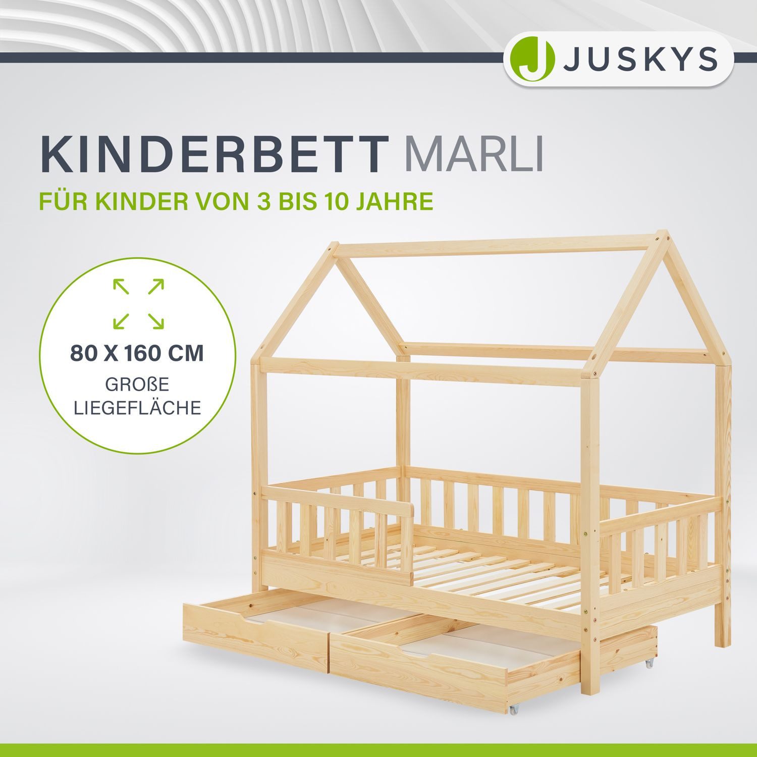 Juskys Kinderbett Marli, 80x160 cm, 3 - 10 Jahre, Rausfallschutz, Bettkaste günstig online kaufen