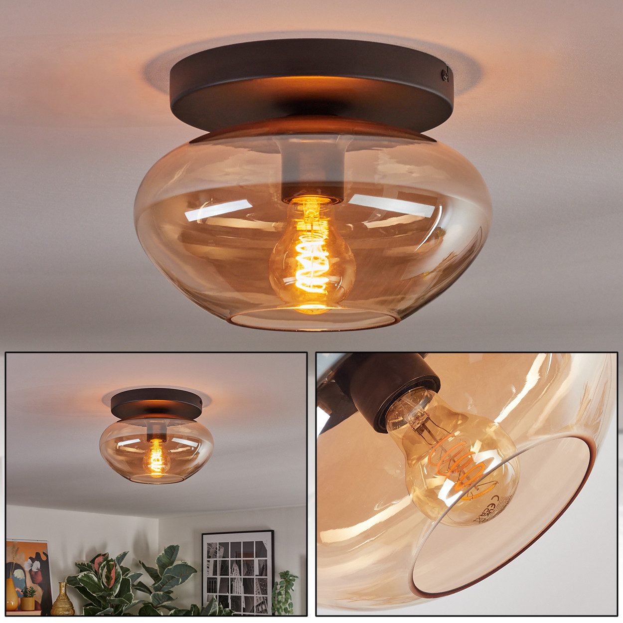 hofstein Deckenleuchte Deckenlampe aus Metall/Glas in Schwarz/Bernsteinfarben, ohne Leuchtmittel, Leuchte im Retro/Vintage-Design (Schirm Ø 30 cm), E27