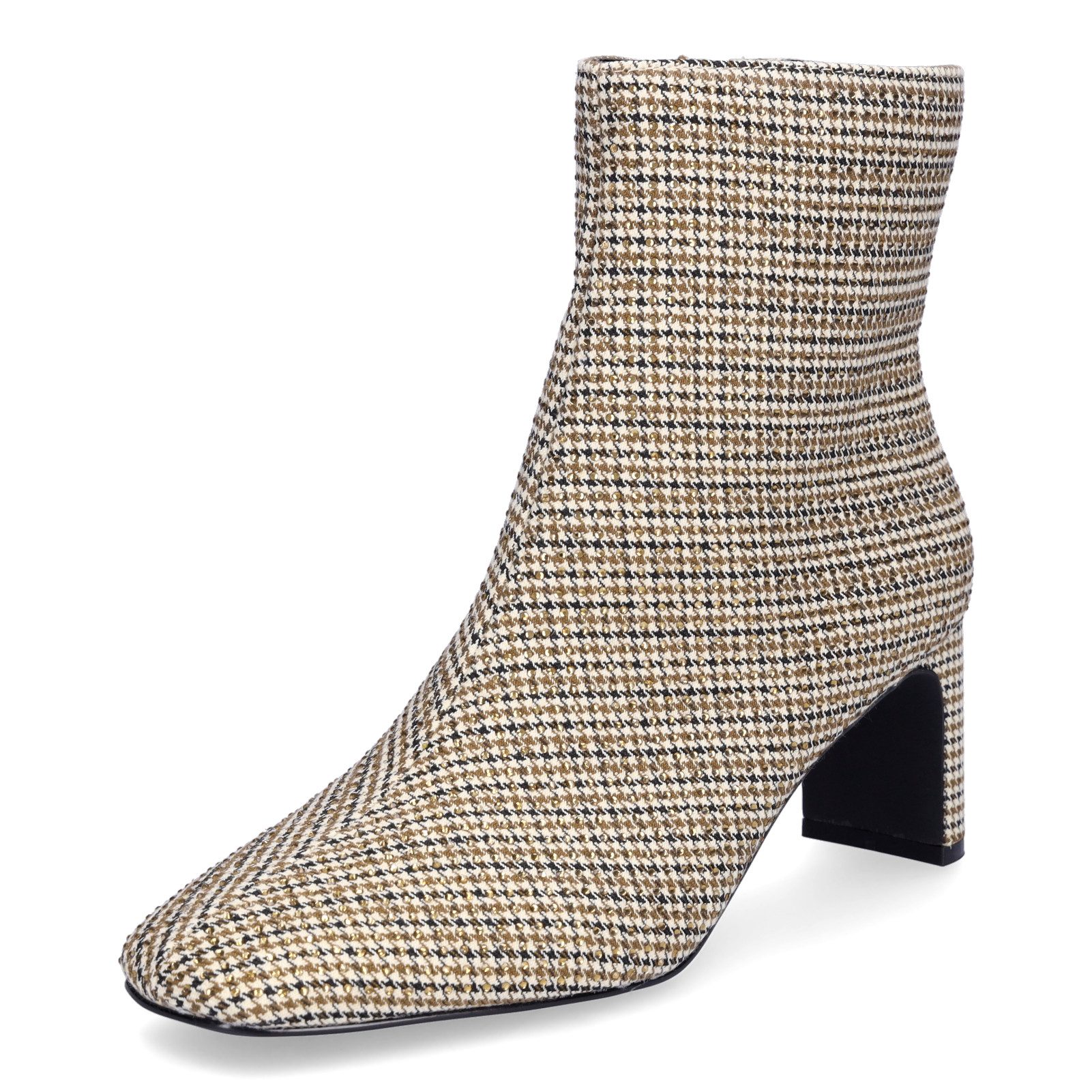 MIDS MARY Damen Stiefelette beige mit Hahnentritt-Muster, Strasssteinen und 6 cm Blockabsatz