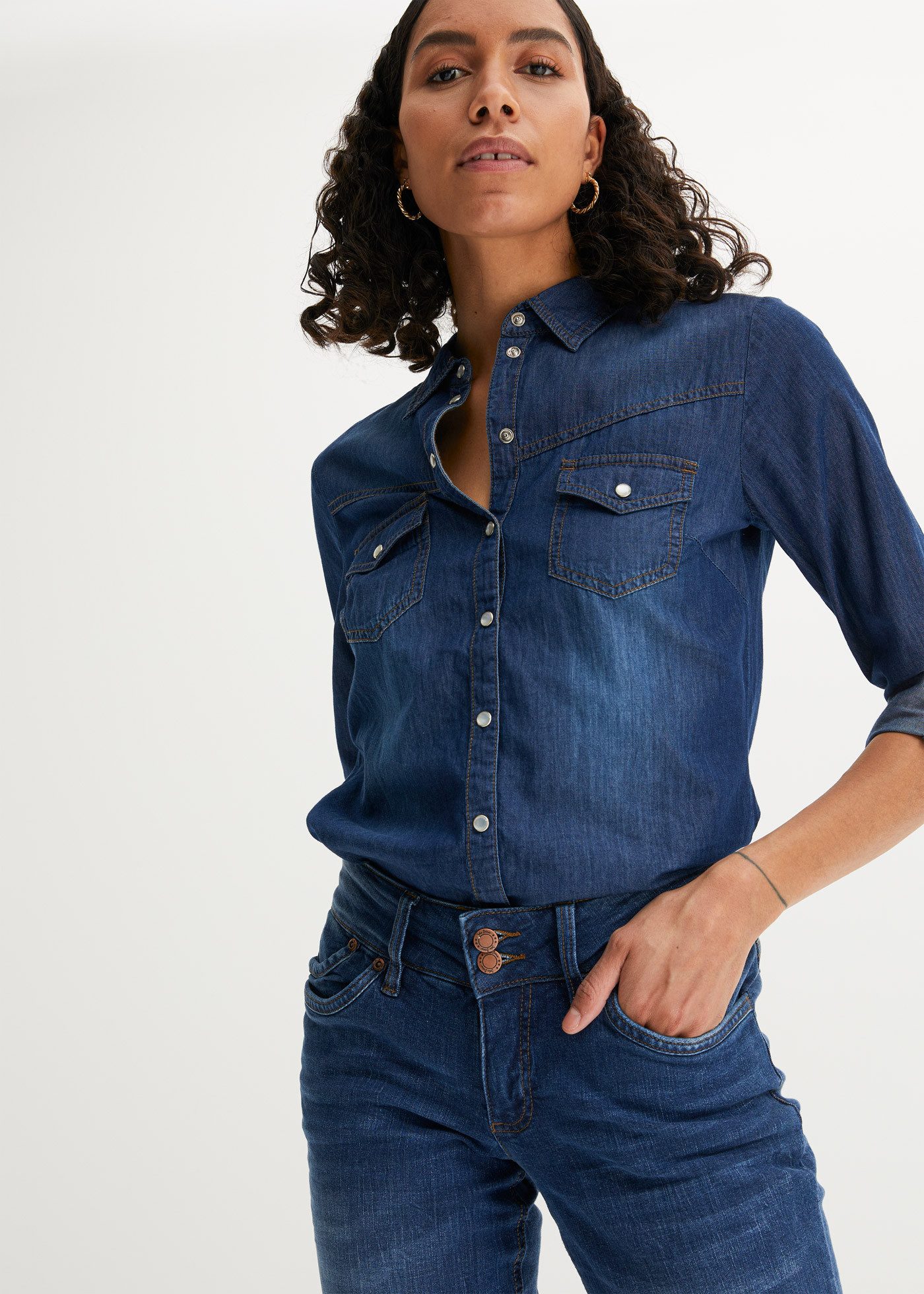 bonprix Jeansbluse schmale Passform, aus reiner Baumwolle, mit Knopfleiste