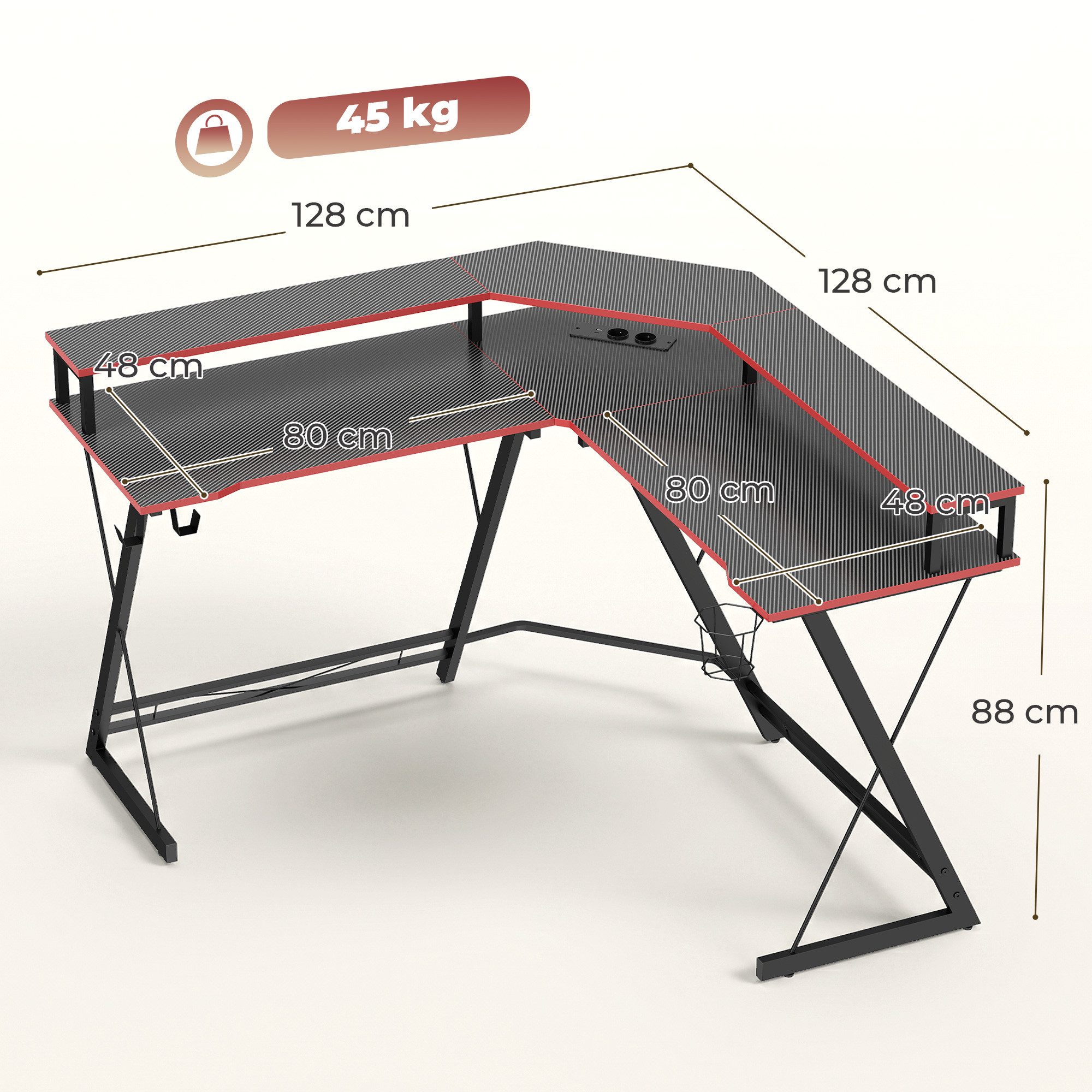 HOMCOM Computertisch Eckschreibtisch mit Steckdosen, USB-Anschlüssen (Eckschreibtisch, 1-St., Gaming Tisch), für Home Office, Schwarz