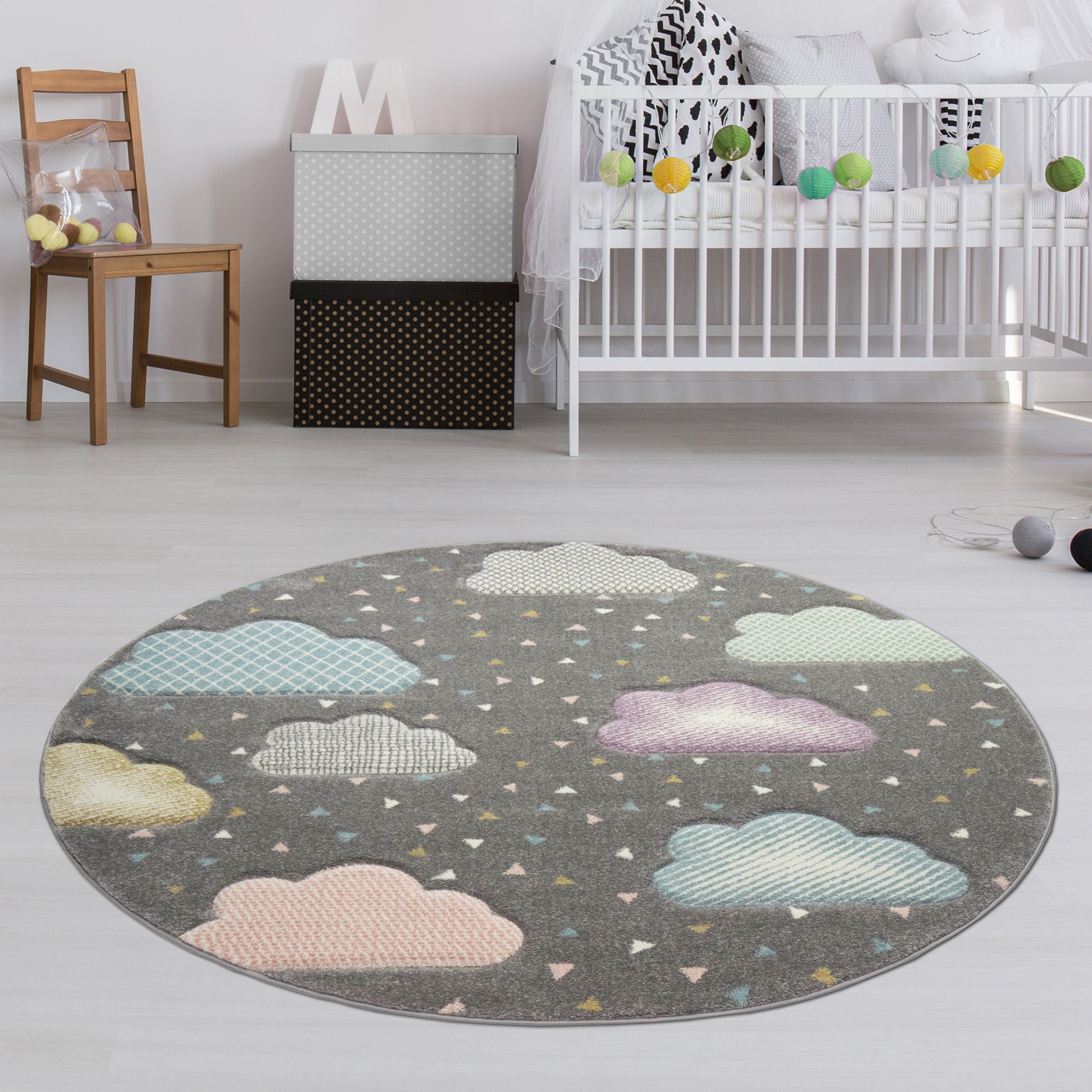 TeppichHome24 Kinderteppich Kinderteppich in grau blau rosa, Rund, Höhe: 1.3 mm