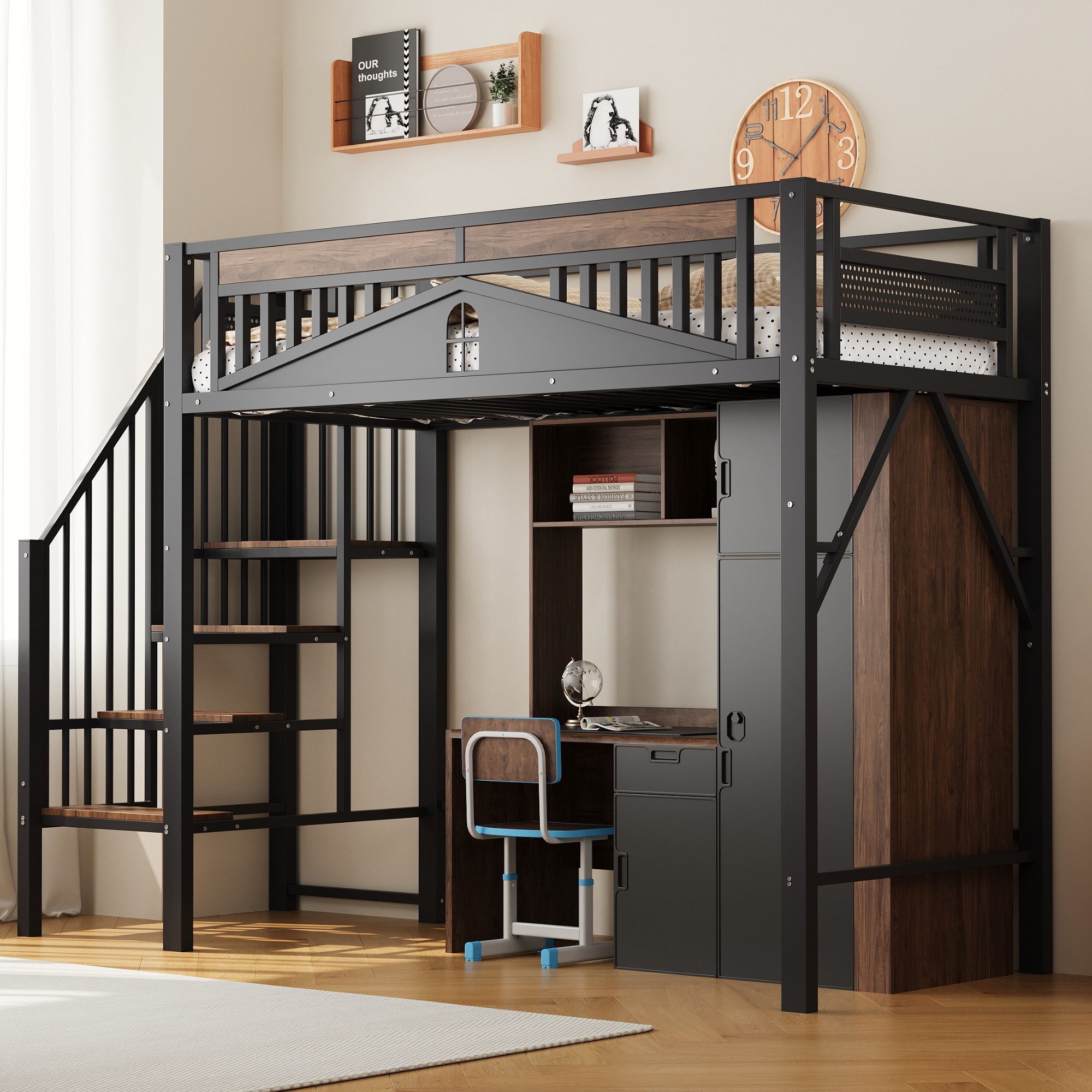 KLAM HOME Hochbett Metall-Hochbett 90 x 200 cm, mit Fenster, Treppe und Sicherheitszaun Genügend Platz unter dem Bett für freien Stoffbezug, Schwarz