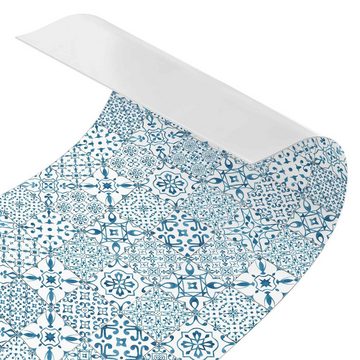Bilderdepot24 Küchenrückwand blau dekor Fliesenoptik Muster Aquarell Vintage Musterfliesen Weiß, (1-tlg., Nischenrückwand - für Fliesenspiegel ohne Bohren - matt), Spritzschutz Rückwand Küche Herd - Folie selbstklebend versch. Größen